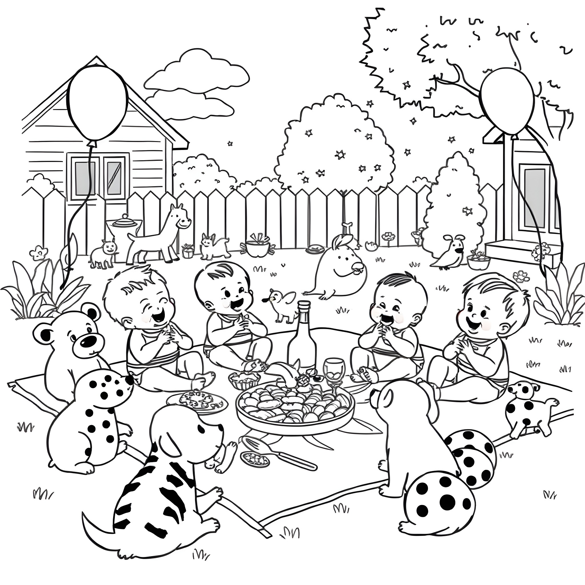 Baby animals having a picnic in the backyard Coloring Page (free black-and-white line drawing printable PDF for all, from beginners to advanced learners, including children, teens, adults, and seniors)