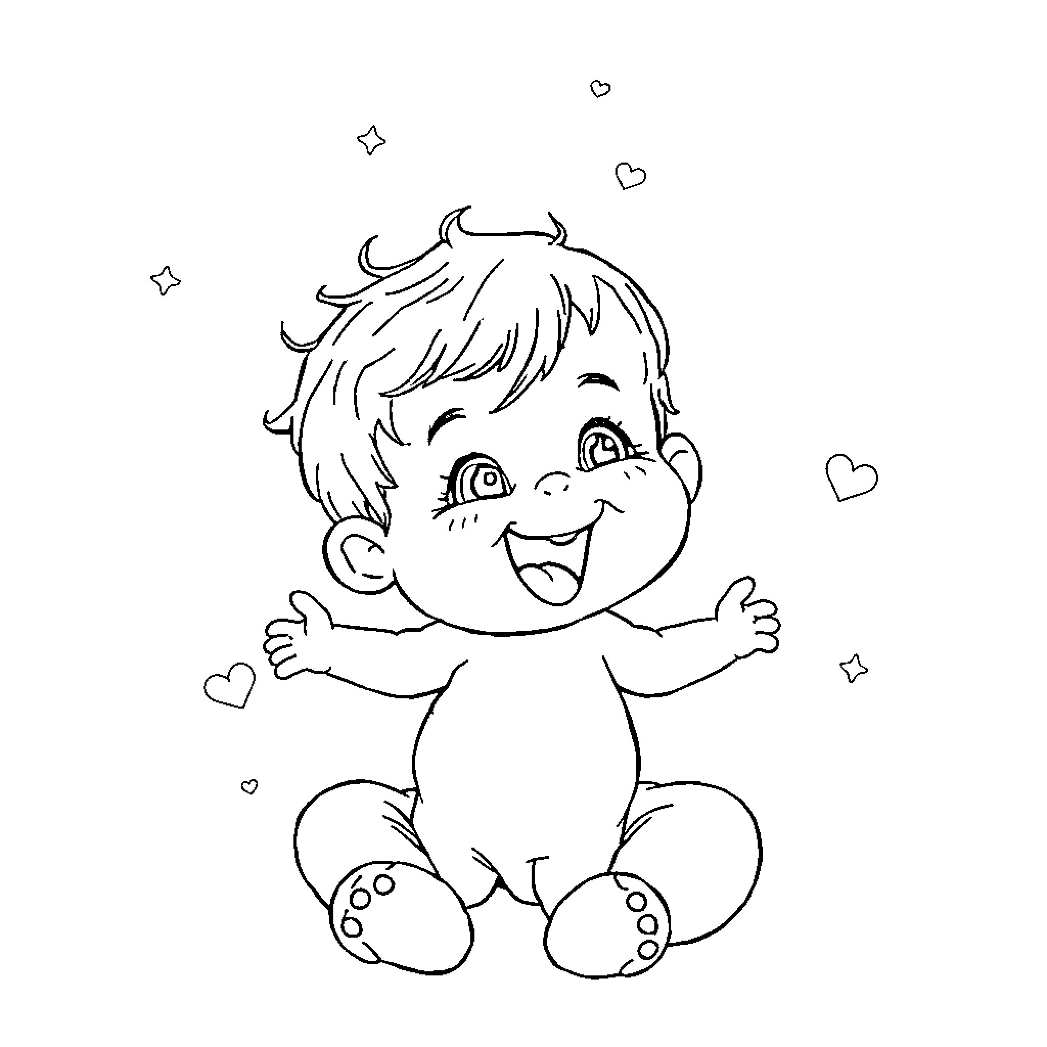 Baby smiling happily with joyful expression Coloring Page (free black-and-white line drawing printable PDF for all, from beginners to advanced learners, including children, teens, adults, and seniors)