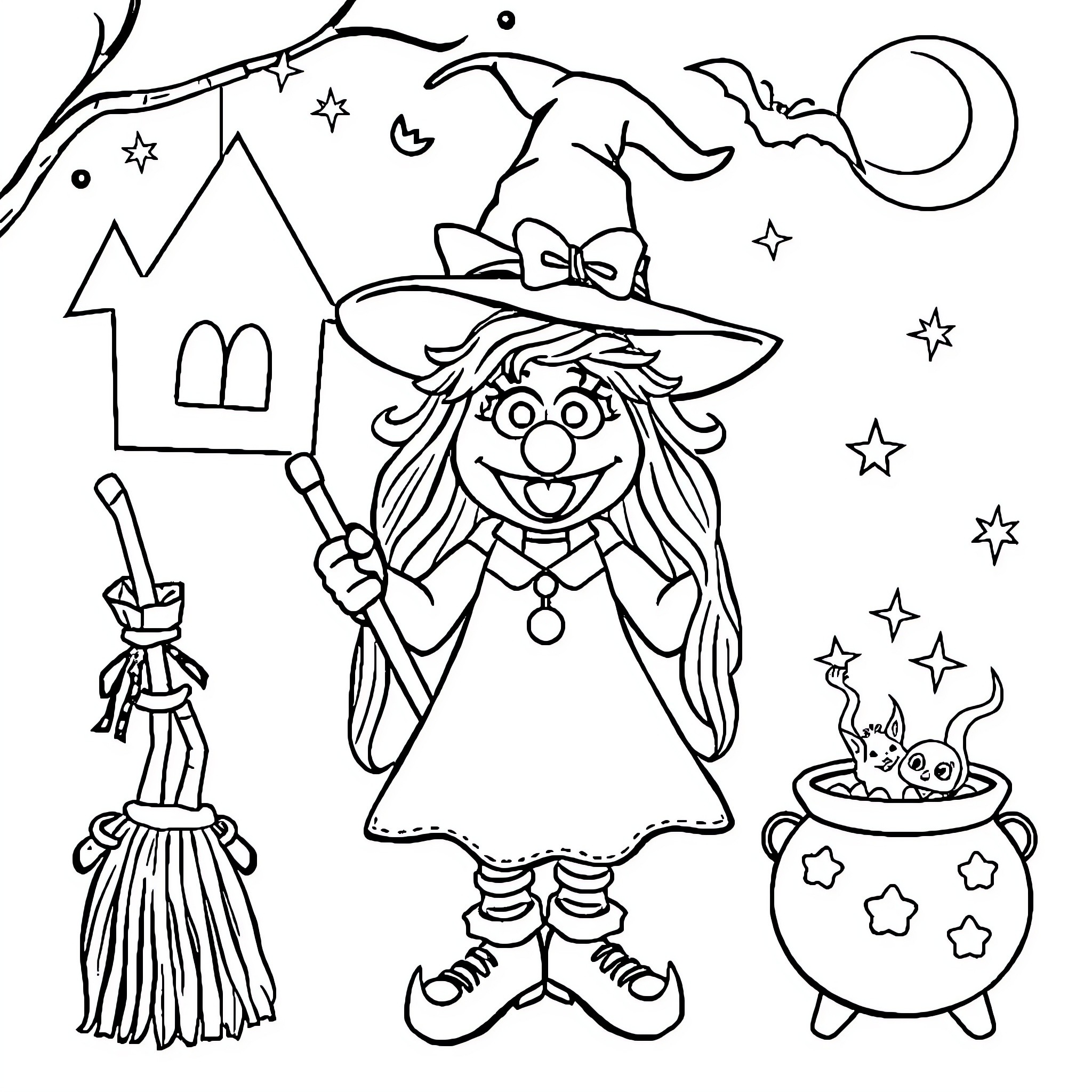 Witch casting spells in a magical setting Coloring Page (free black-and-white line drawing printable PDF for all, from beginners to advanced learners, including children, teens, adults, and seniors)