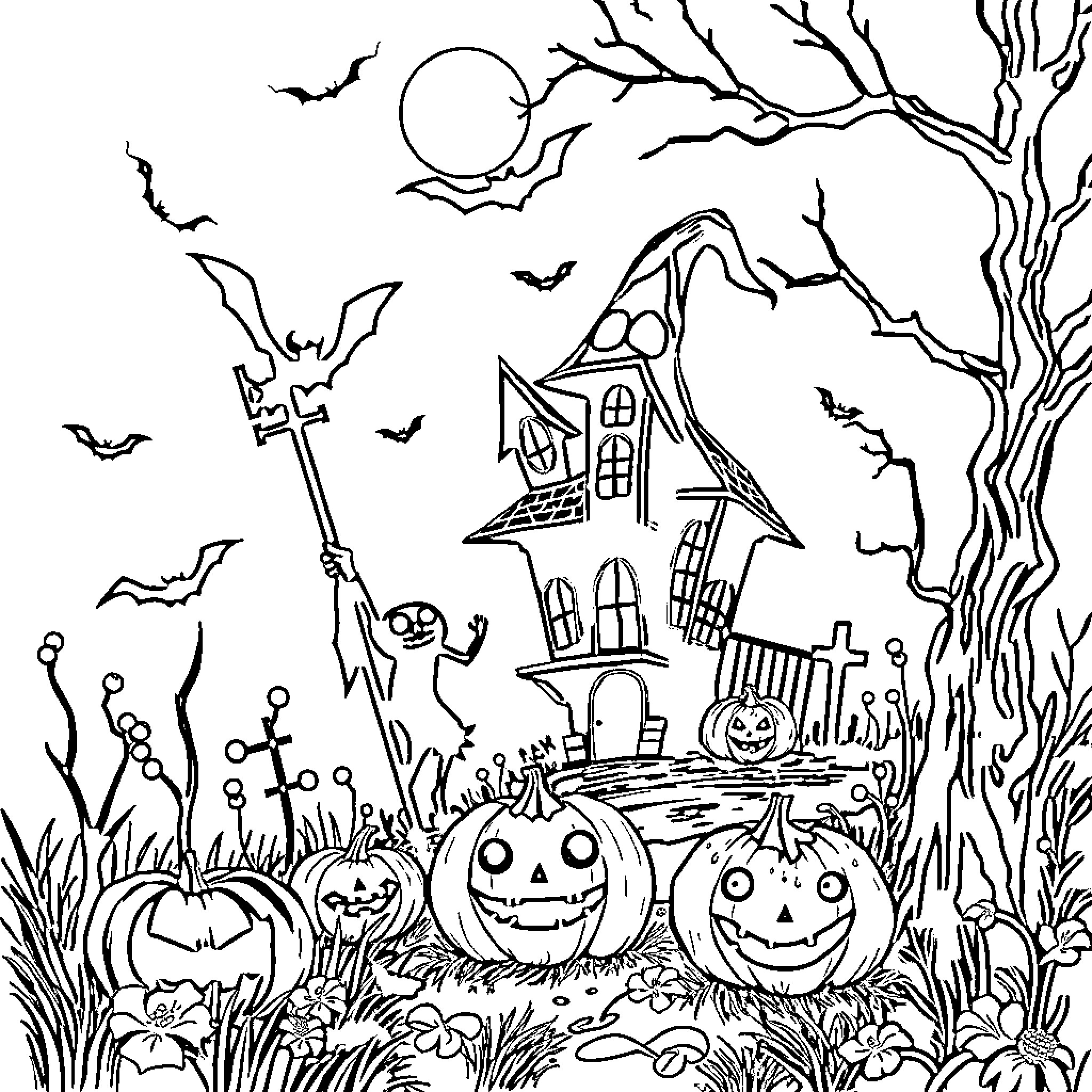 Halloween Haunted House with Spooky Pumpkins and Bats Coloring Page (free black-and-white line drawing printable PDF for all, from beginners to advanced learners, including children, teens, adults, and seniors)