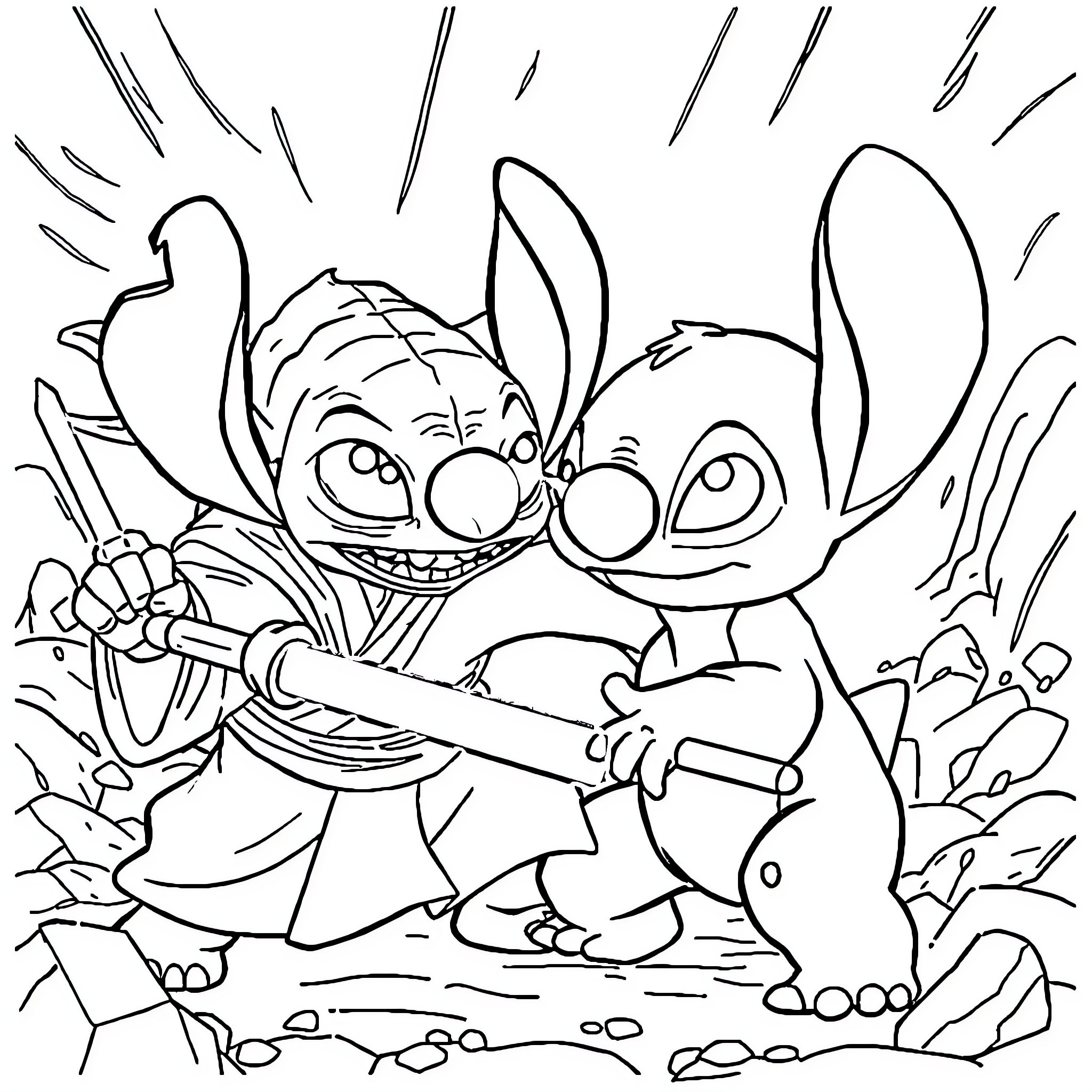 Stitch engaged in mischievous antics Coloring Page (free black-and-white line drawing printable PDF for all, from beginners to advanced learners, including children, teens, adults, and seniors)