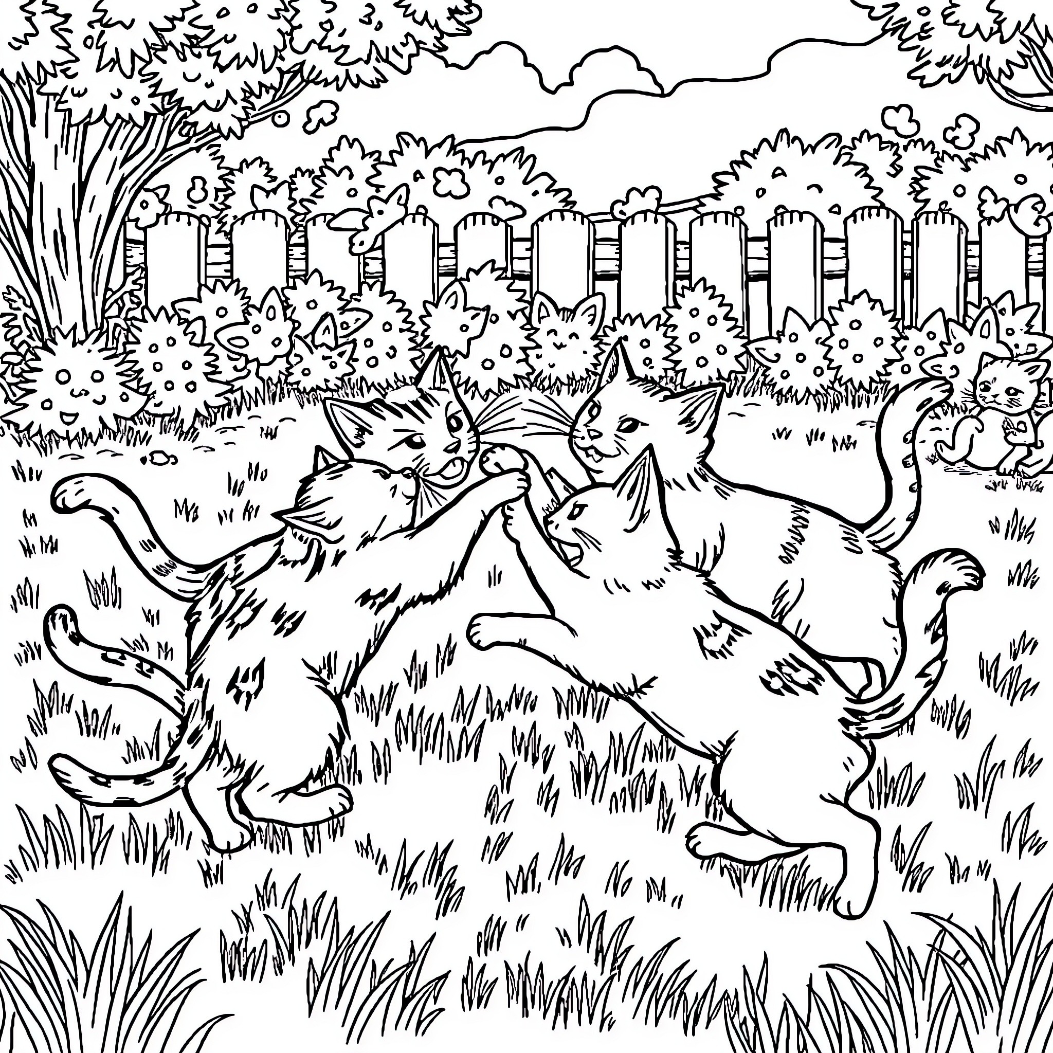 Cats playing in a whimsical garden scene Coloring Page (free black-and-white line drawing printable PDF for all, from beginners to advanced learners, including children, teens, adults, and seniors)