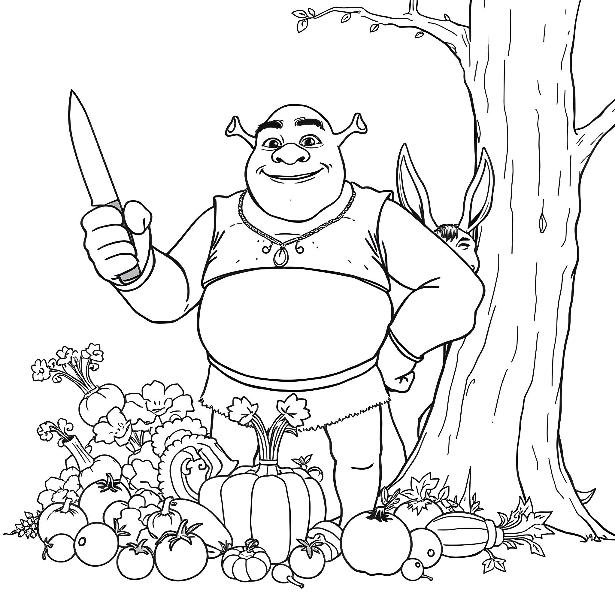 Shrek wielding knife among pumpkins and nature Coloring Page (free black-and-white line drawing printable PDF for all, from beginners to advanced learners, including children, teens, adults, and seniors)