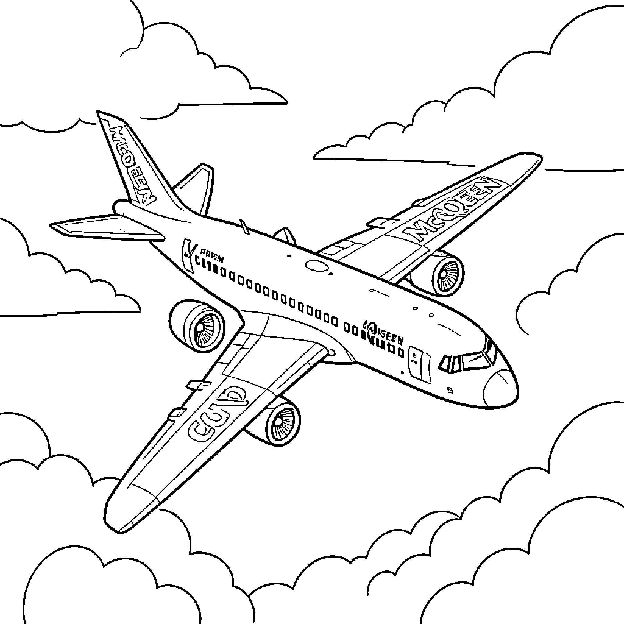 McQueen airplane flying through the clouds Coloring Page (free black-and-white line drawing printable PDF for all, from beginners to advanced learners, including children, teens, adults, and seniors)