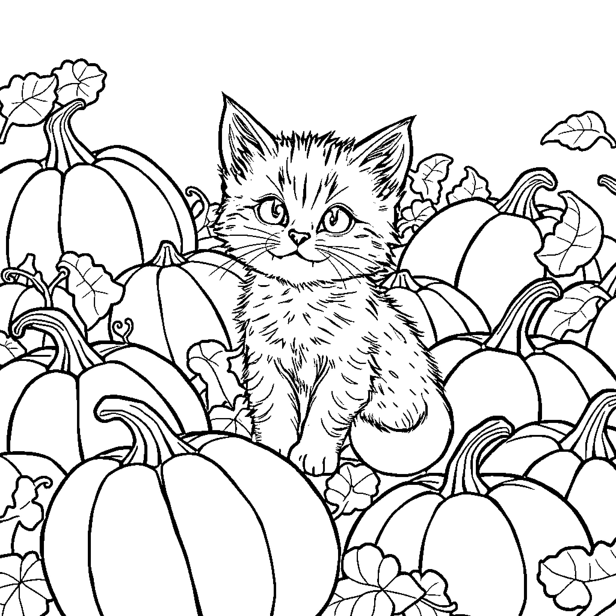 Pumpkin Patch Kitten Coloring Page (free black-and-white line drawing printable PDF for all, from beginners to advanced learners, including children, teens, adults, and seniors)
