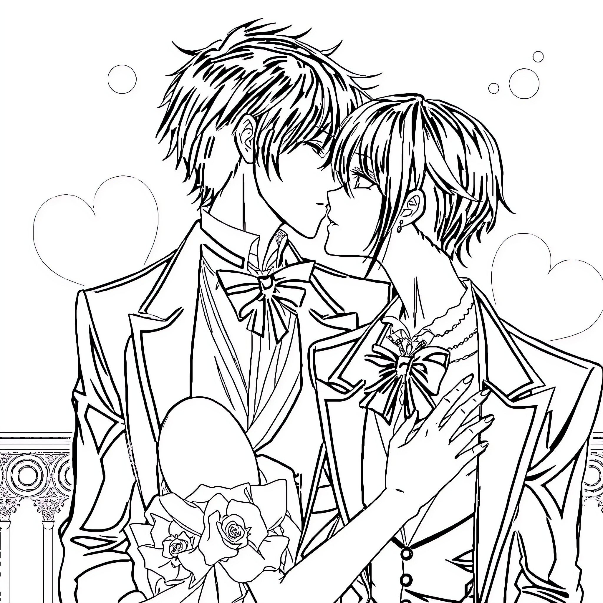 Anime Couple in Elegant Formal Attire Coloring Page (free black-and-white line drawing printable PDF for all, from beginners to advanced learners, including children, teens, adults, and seniors)