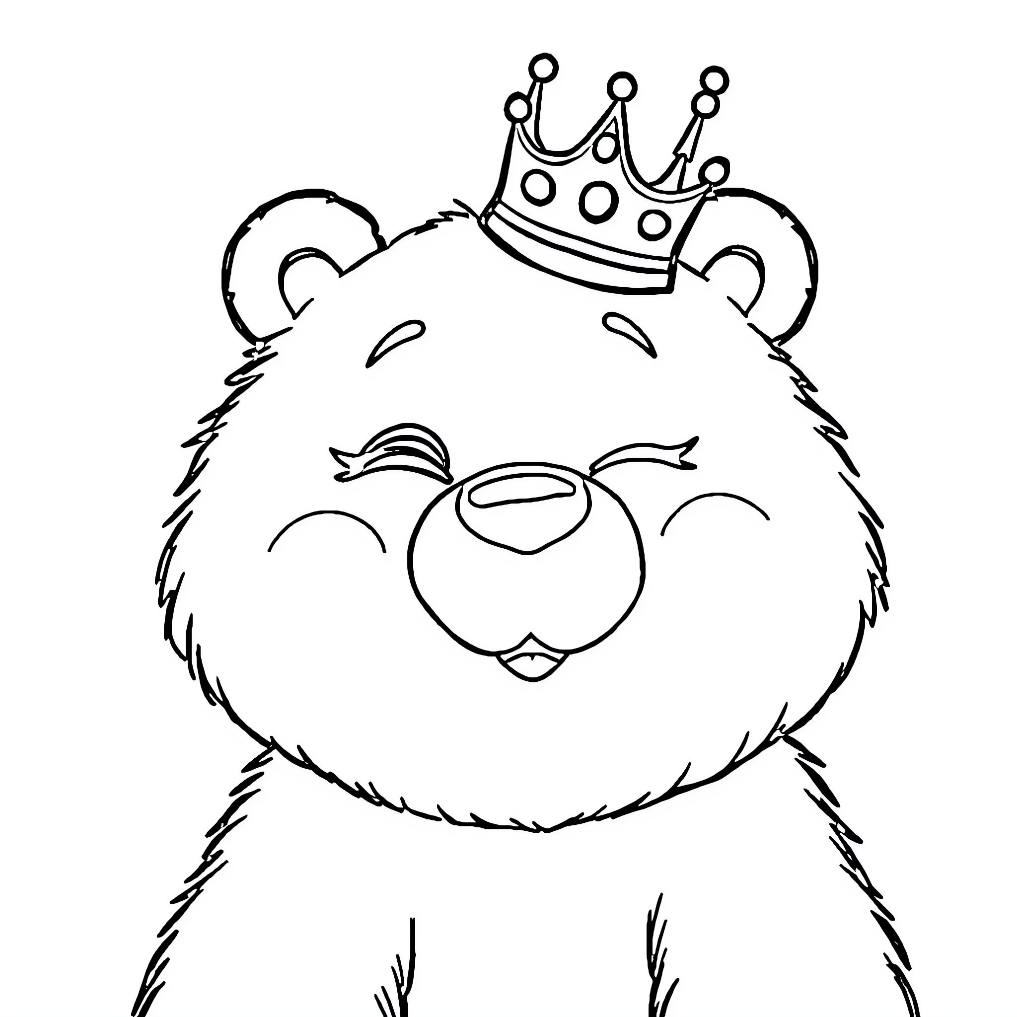 Bear wearing a crown with a happy expression Coloring Page (free black-and-white line drawing printable PDF for all, from beginners to advanced learners, including children, teens, adults, and seniors)