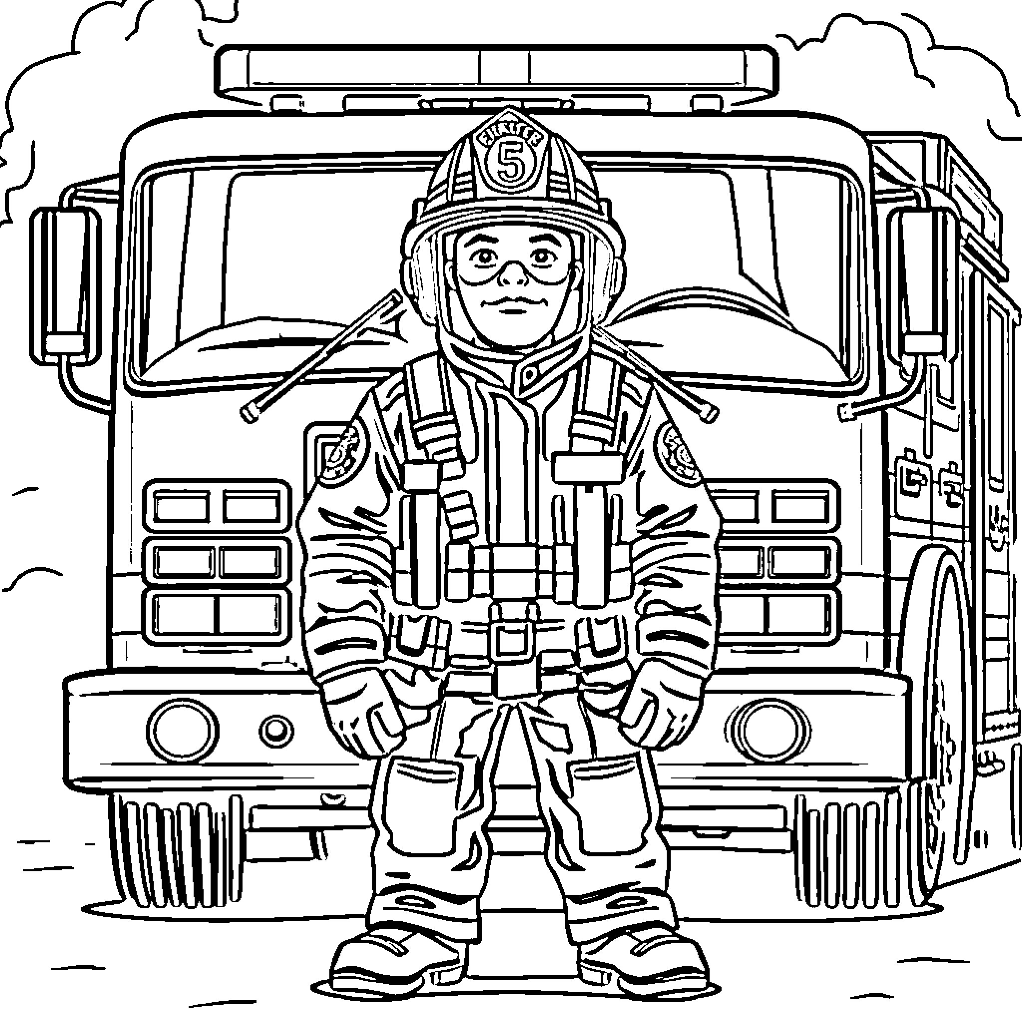 Firefighter ready for action in front of fire truck Coloring Page (free black-and-white line drawing printable PDF for all, from beginners to advanced learners, including children, teens, adults, and seniors)