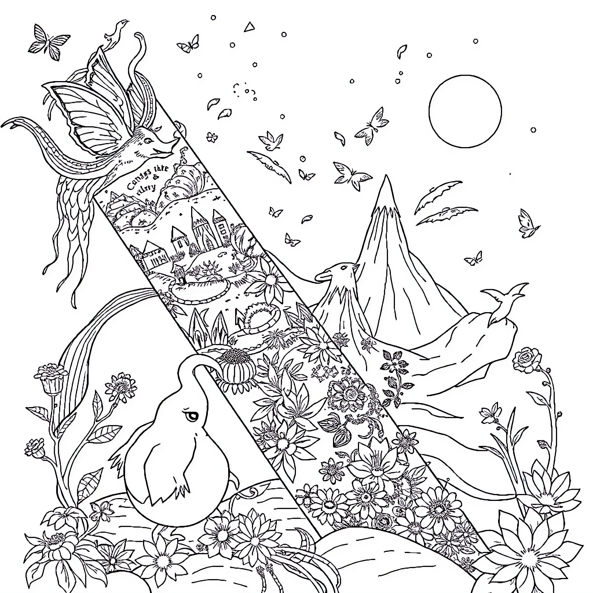 Bookmark Fantastical Scene with Floating Creatures Coloring Page (free black-and-white line drawing printable PDF for all, from beginners to advanced learners, including children, teens, adults, and seniors)