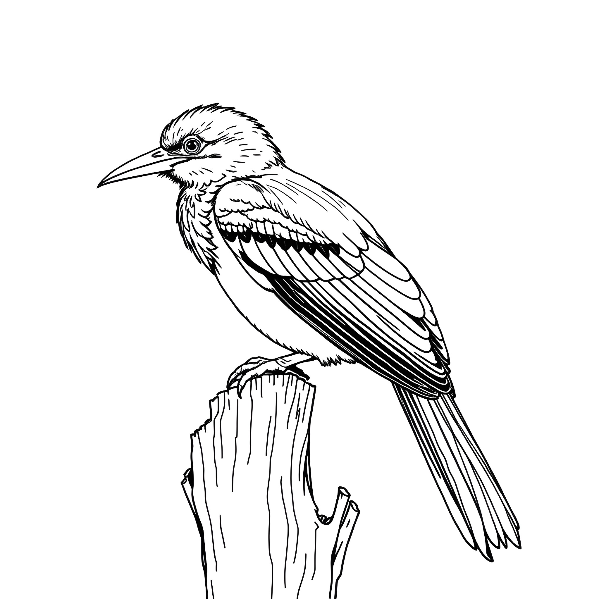Dacnis perched on a wooden post Coloring Page (free black-and-white line drawing printable PDF for all, from beginners to advanced learners, including children, teens, adults, and seniors)