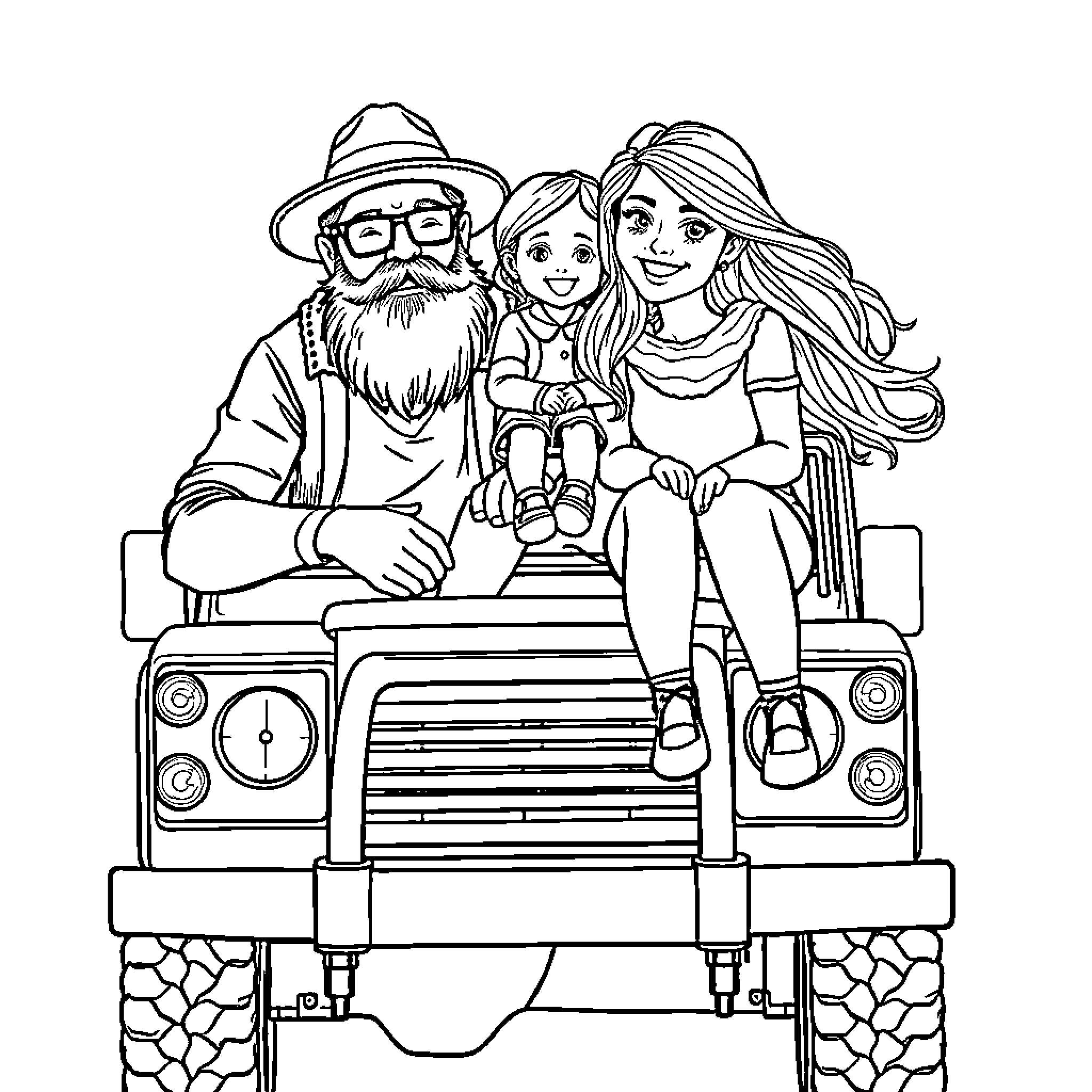 Family Outing on a Vintage Utility Vehicle Coloring Page (free black-and-white line drawing printable PDF for all, from beginners to advanced learners, including children, teens, adults, and seniors)
