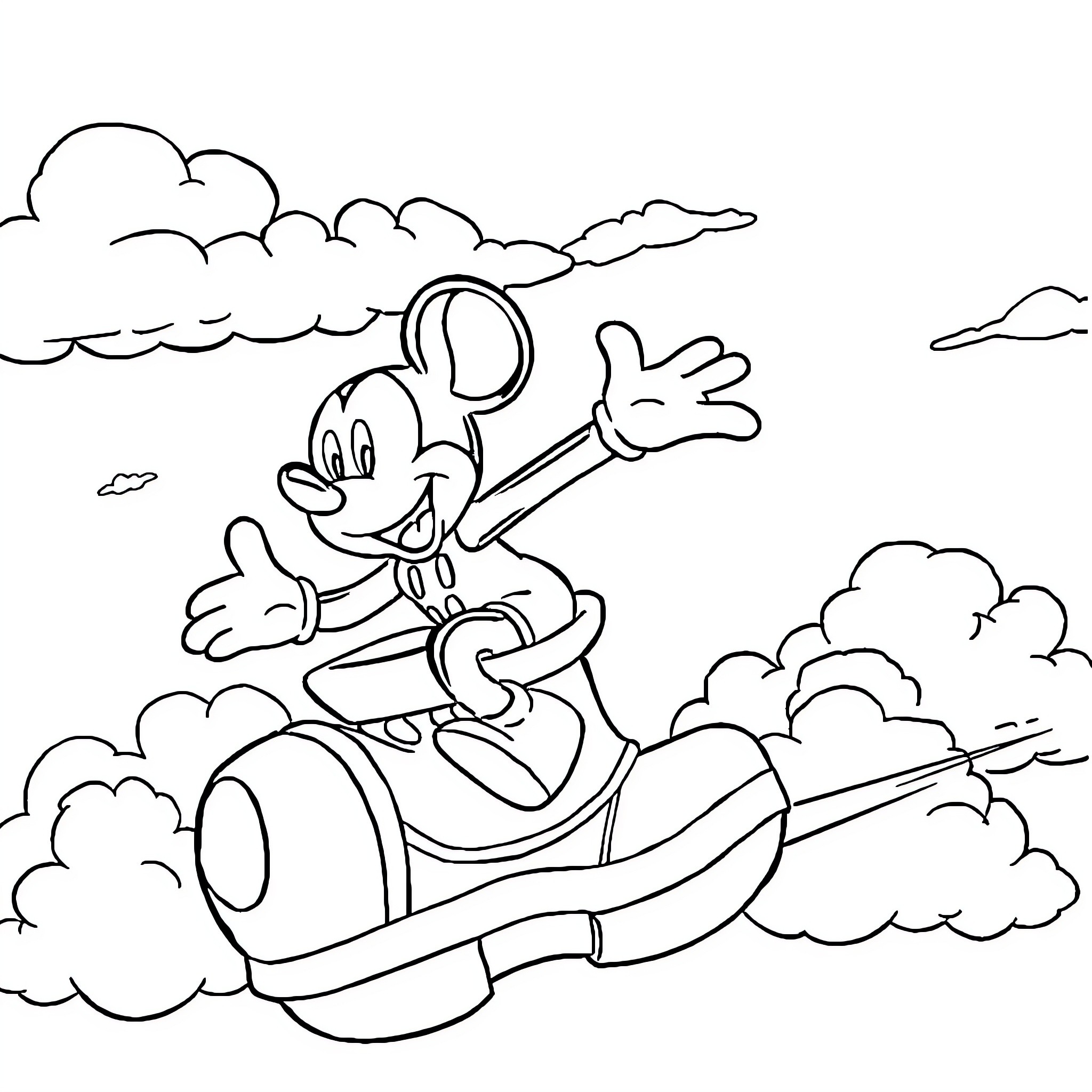 Mickey Joyfully Riding Aeroplane through Clouds Coloring Page (free black-and-white line drawing printable PDF for all, from beginners to advanced learners, including children, teens, adults, and seniors)