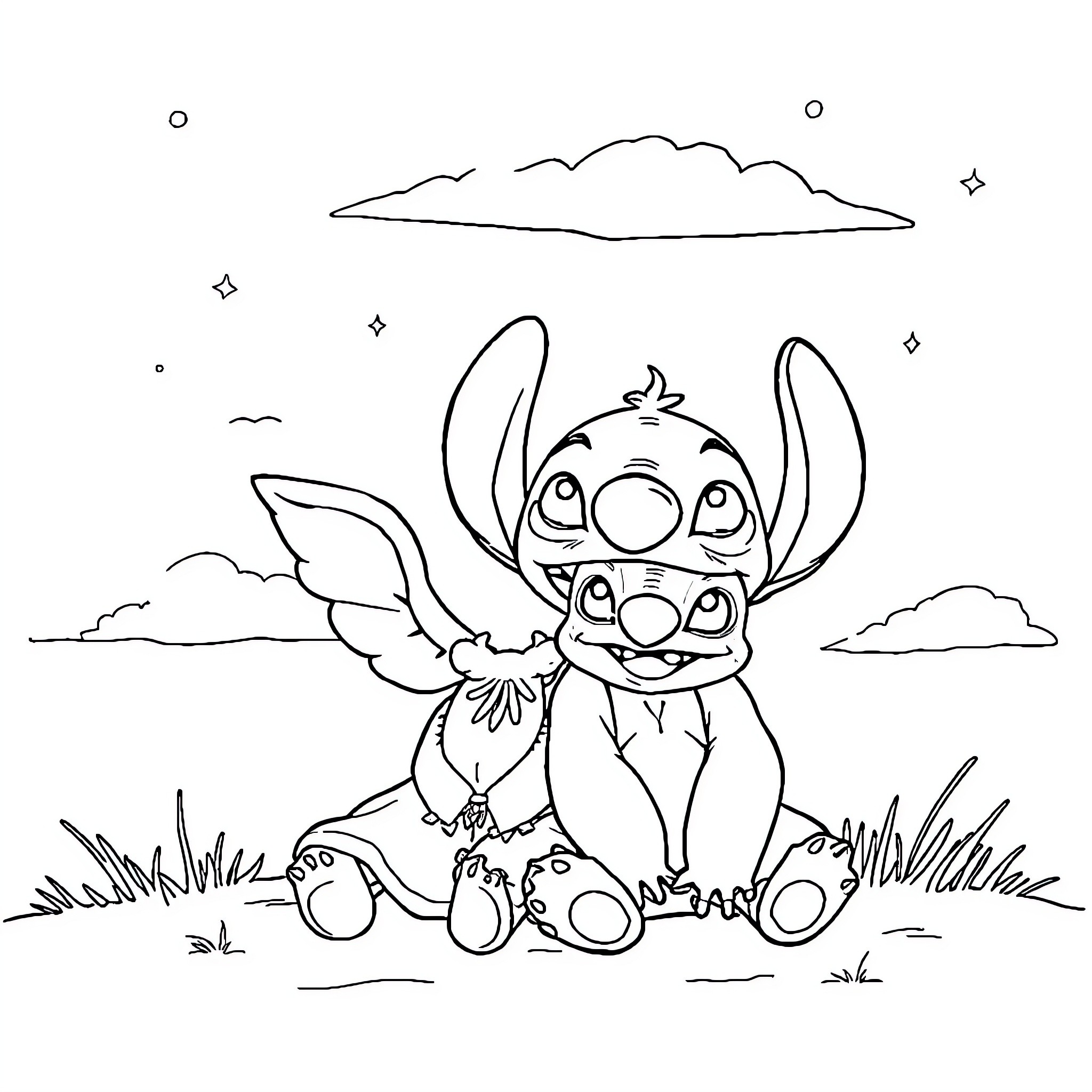 Angel Stitch relaxing in the meadow Coloring Page (free black-and-white line drawing printable PDF for all, from beginners to advanced learners, including children, teens, adults, and seniors)