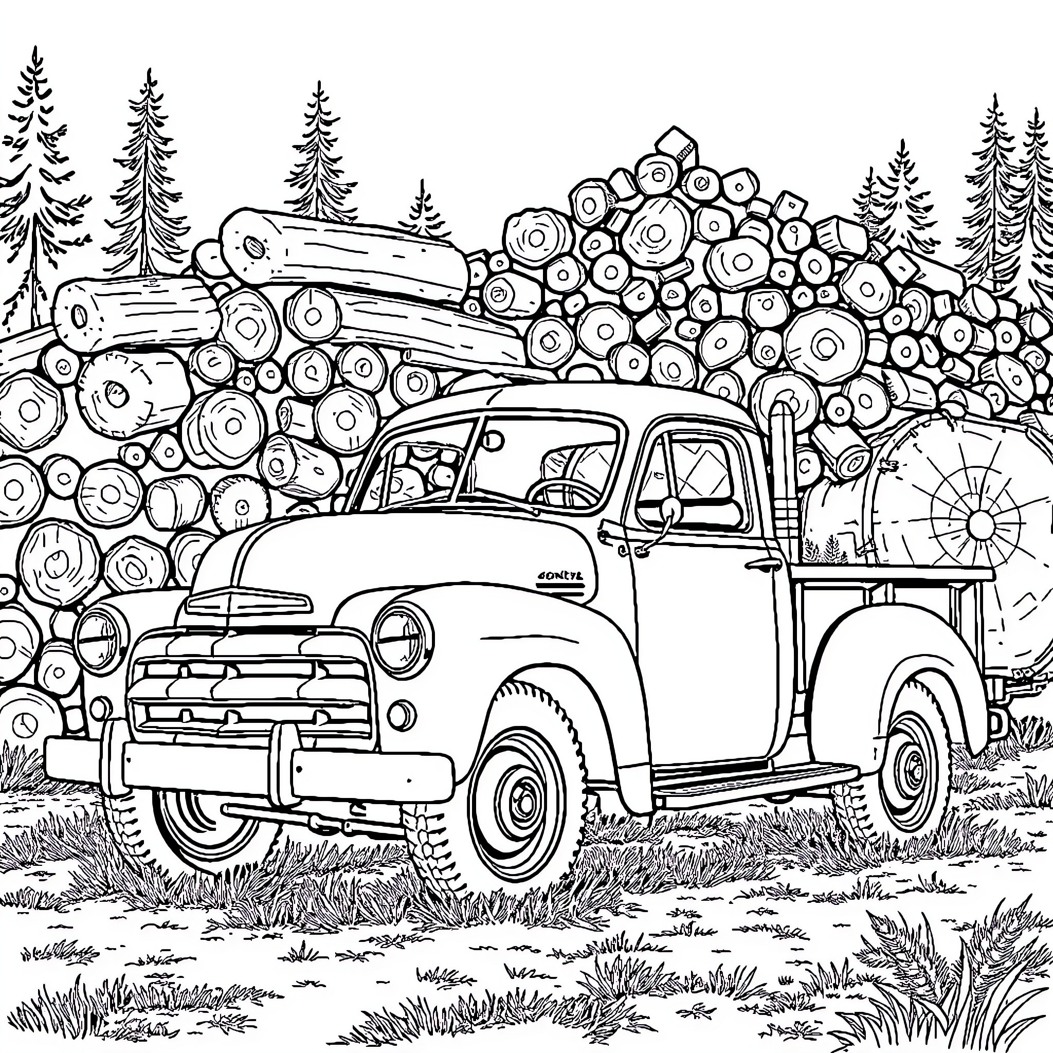 Pick Up Truck Hauling Firewood in the Forest Coloring Page (free black-and-white line drawing printable PDF for all, from beginners to advanced learners, including children, teens, adults, and seniors)