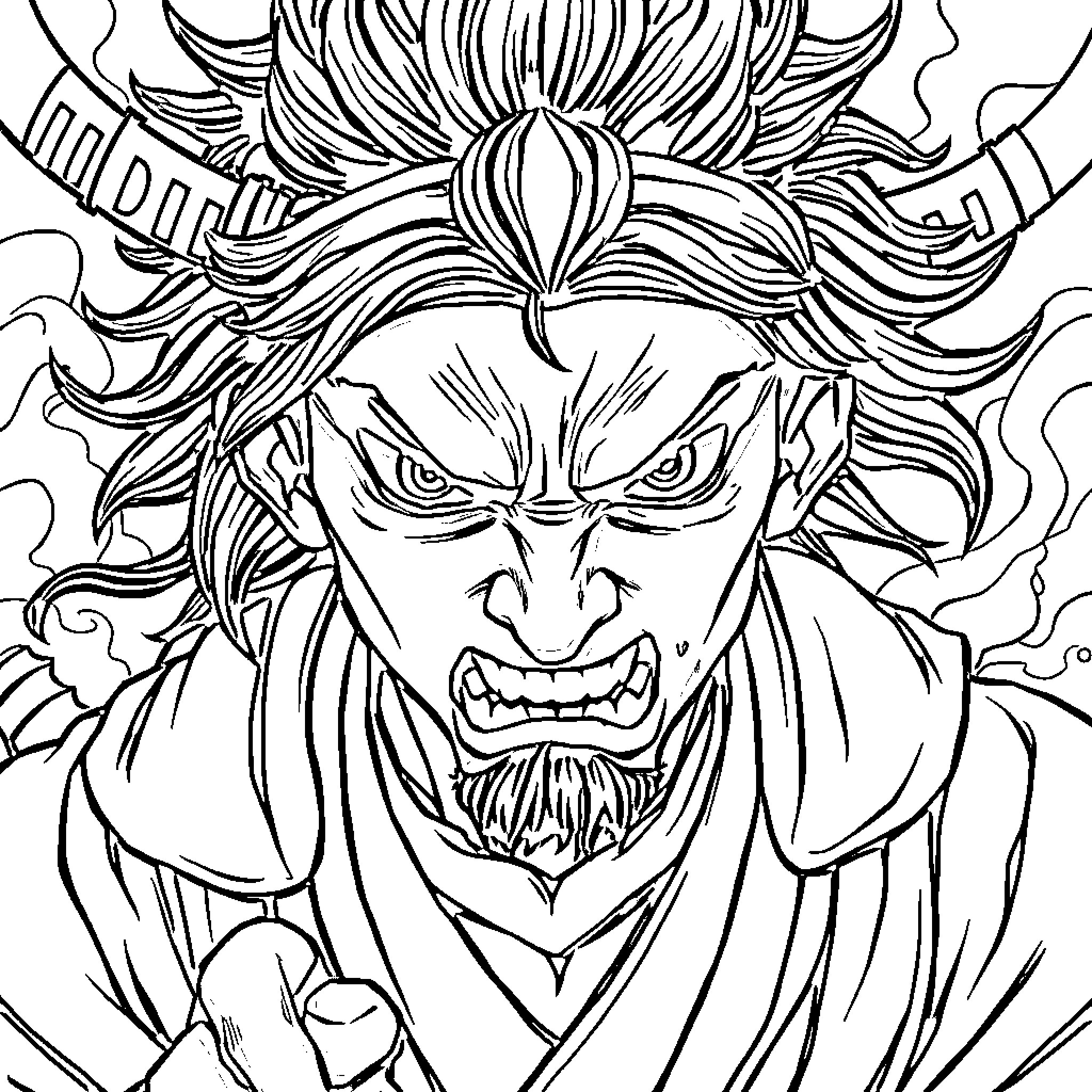 Akaza's Fierce Demonic Appearance Coloring Page (free black-and-white line drawing printable PDF for all, from beginners to advanced learners, including children, teens, adults, and seniors)