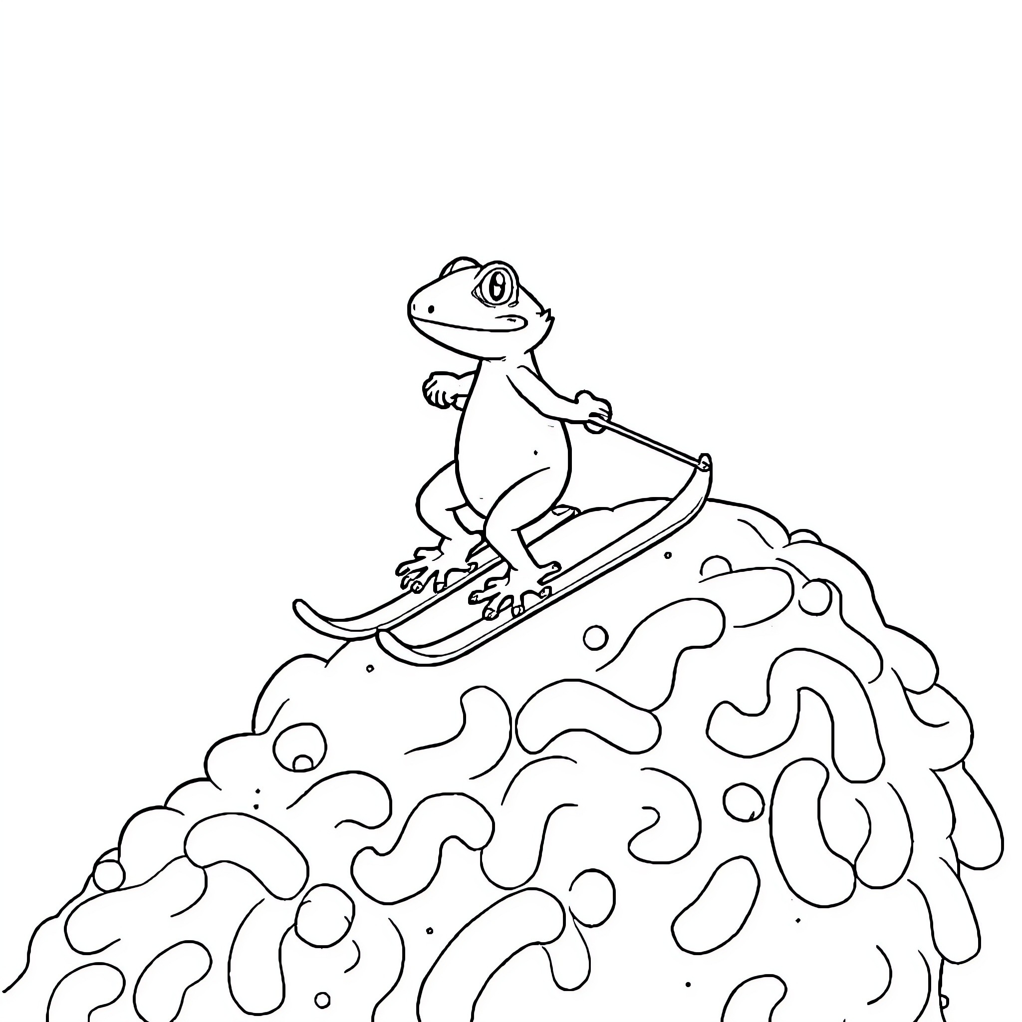 Lizard skiing down a snowy slope Coloring Page (free black-and-white line drawing printable PDF for all, from beginners to advanced learners, including children, teens, adults, and seniors)
