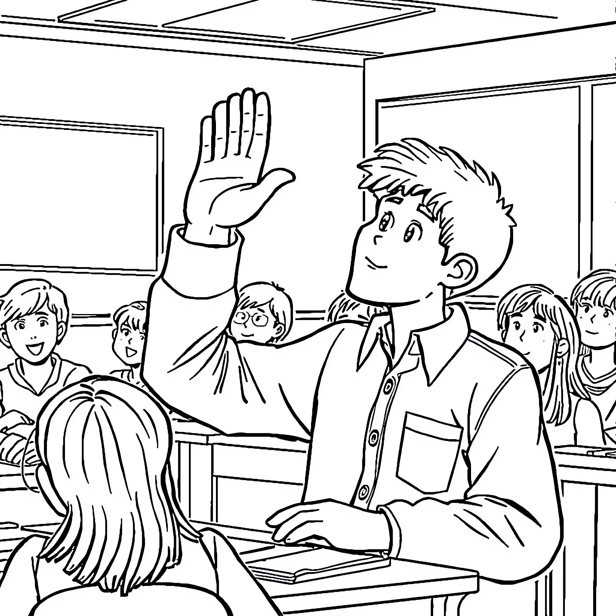 Student raises hand in classroom setting Coloring Page (free black-and-white line drawing printable PDF for all, from beginners to advanced learners, including children, teens, adults, and seniors)
