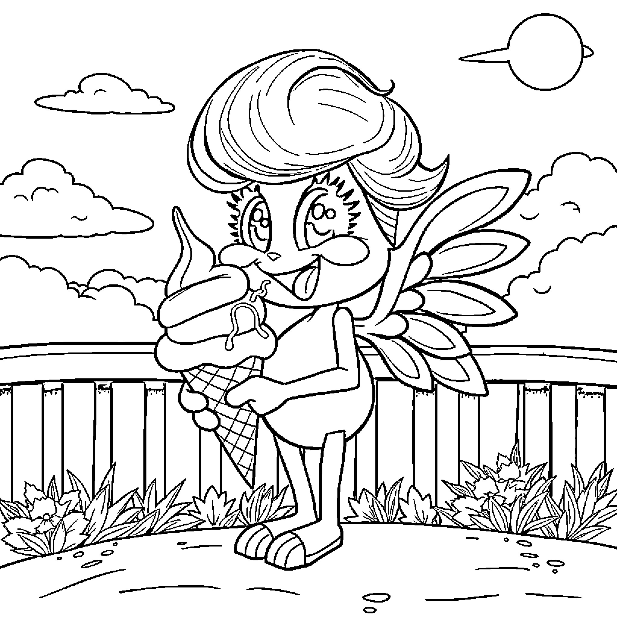 Angel Dust smiling playfully in the garden Coloring Page (free black-and-white line drawing printable PDF for all, from beginners to advanced learners, including children, teens, adults, and seniors)