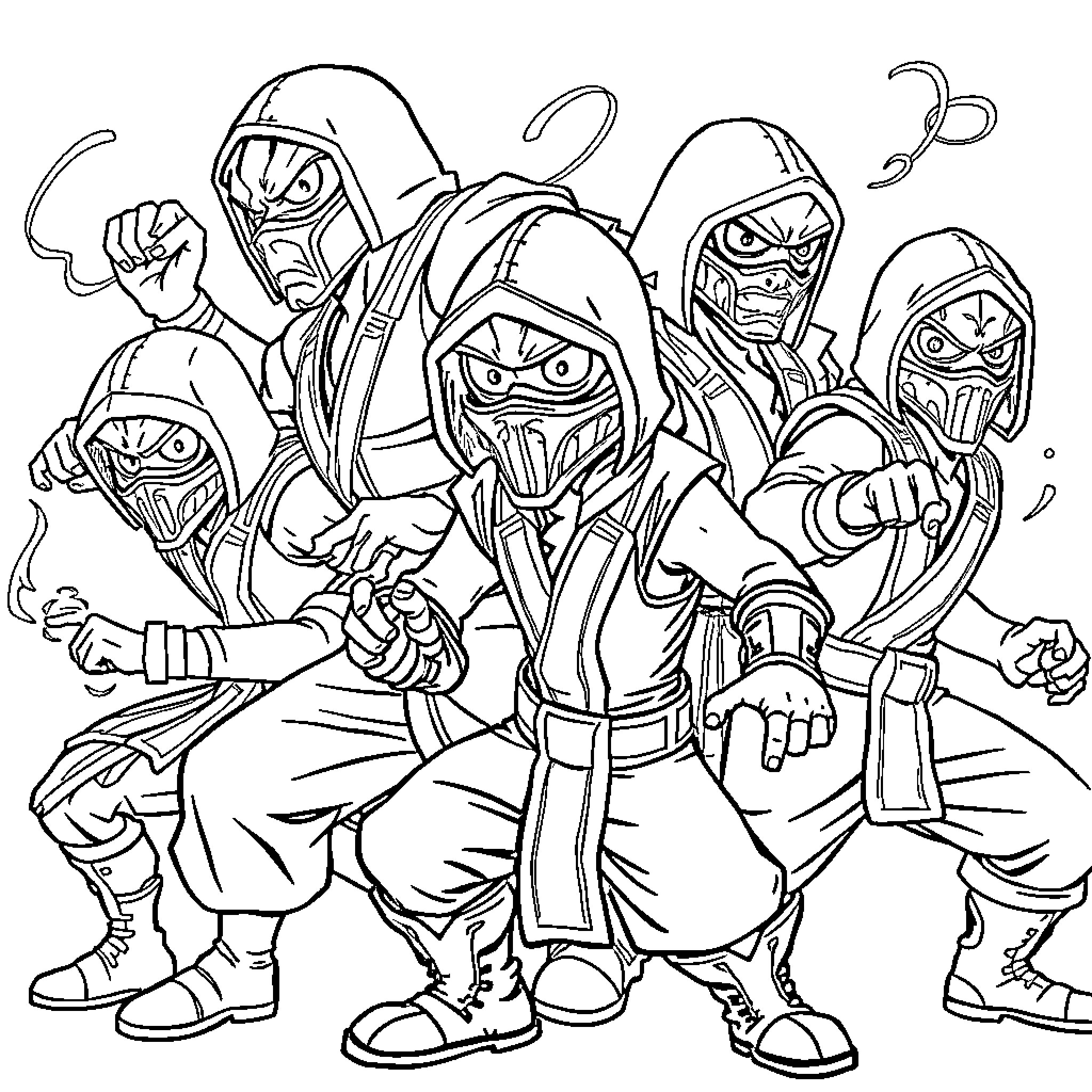 Fighter ninjas in action-packed battle formation Coloring Page (free black-and-white line drawing printable PDF for all, from beginners to advanced learners, including children, teens, adults, and seniors)