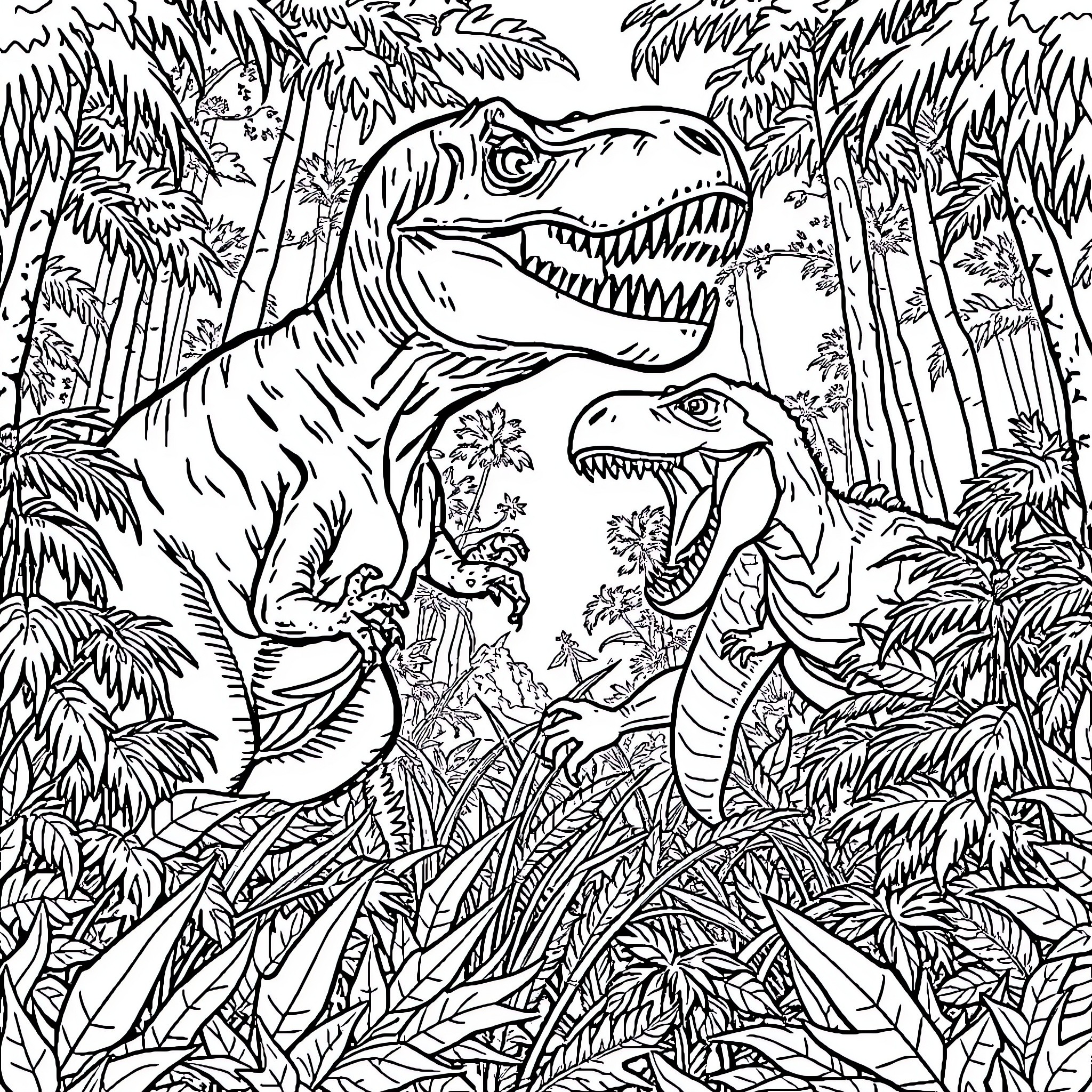 Dinosaurs roaming the lush prehistoric jungle Coloring Page (free black-and-white line drawing printable PDF for all, from beginners to advanced learners, including children, teens, adults, and seniors)