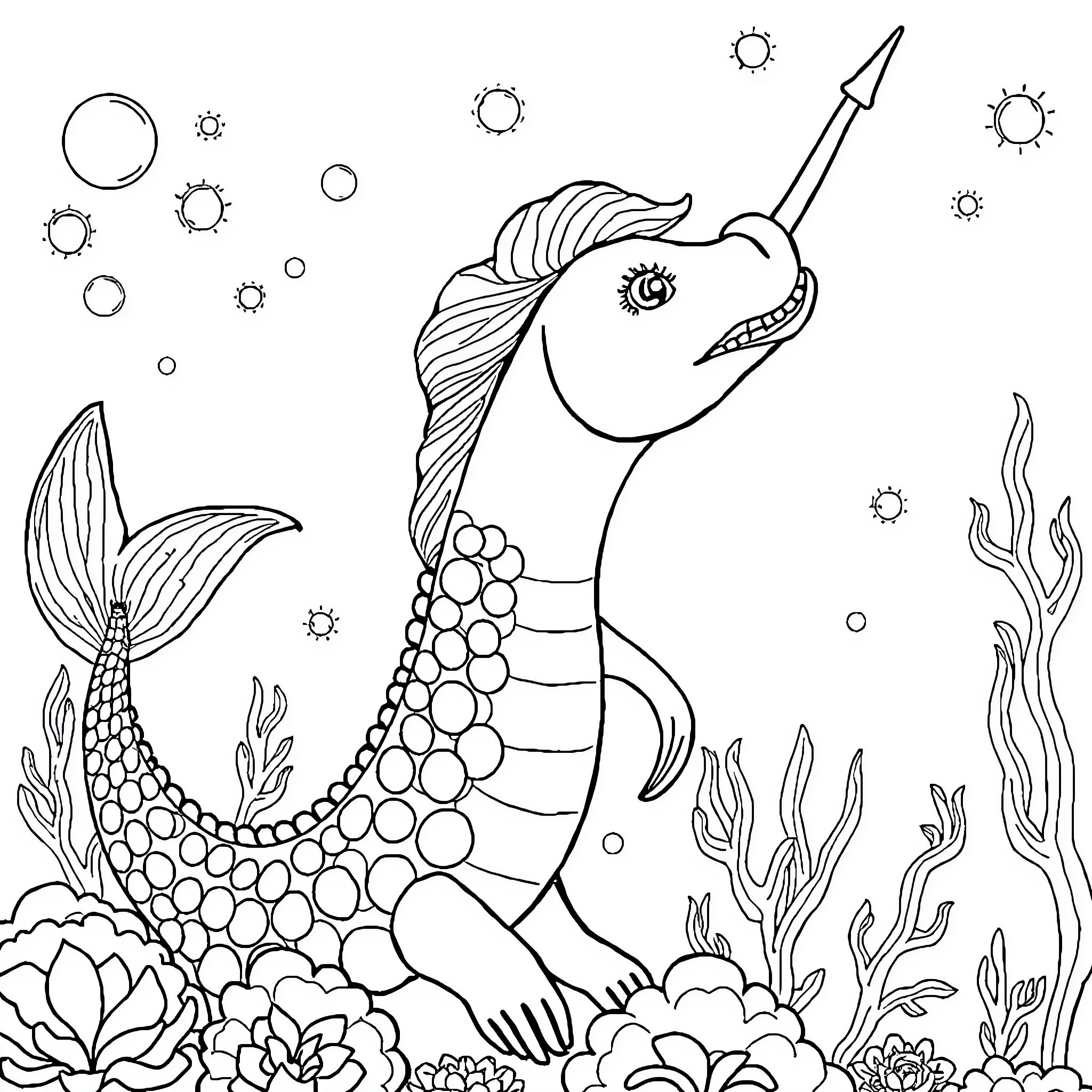 Mermaid exploring the underwater fantasy world Coloring Page (free black-and-white line drawing printable PDF for all, from beginners to advanced learners, including children, teens, adults, and seniors)
