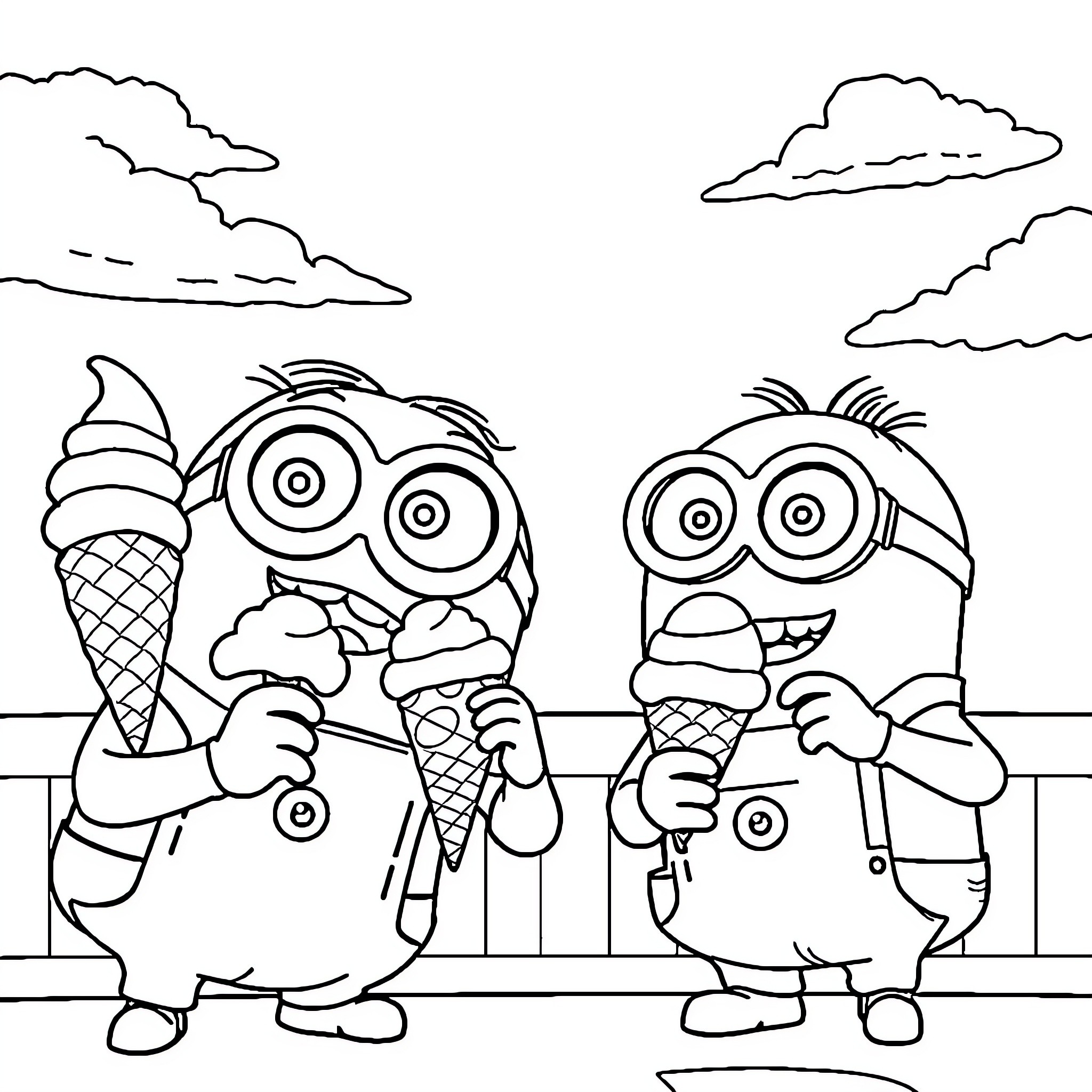 Minions enjoying ice cream on a sunny day Coloring Page (free black-and-white line drawing printable PDF for all, from beginners to advanced learners, including children, teens, adults, and seniors)