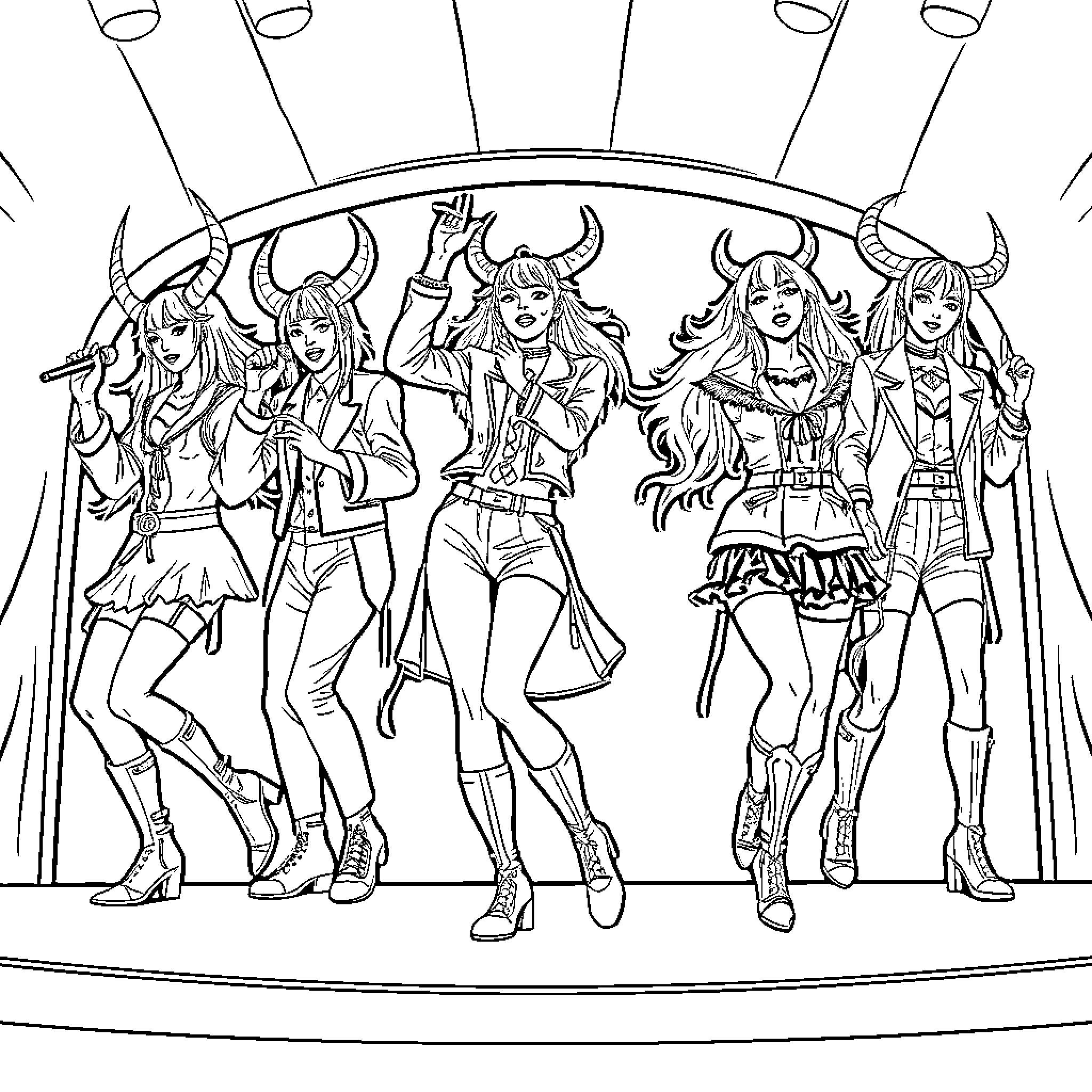 Kpop Demon Hunter: Fierce Performers Wielding Supernatural Powers Coloring Page (free black-and-white line drawing printable PDF for all, from beginners to advanced learners, including children, teens, adults, and seniors)