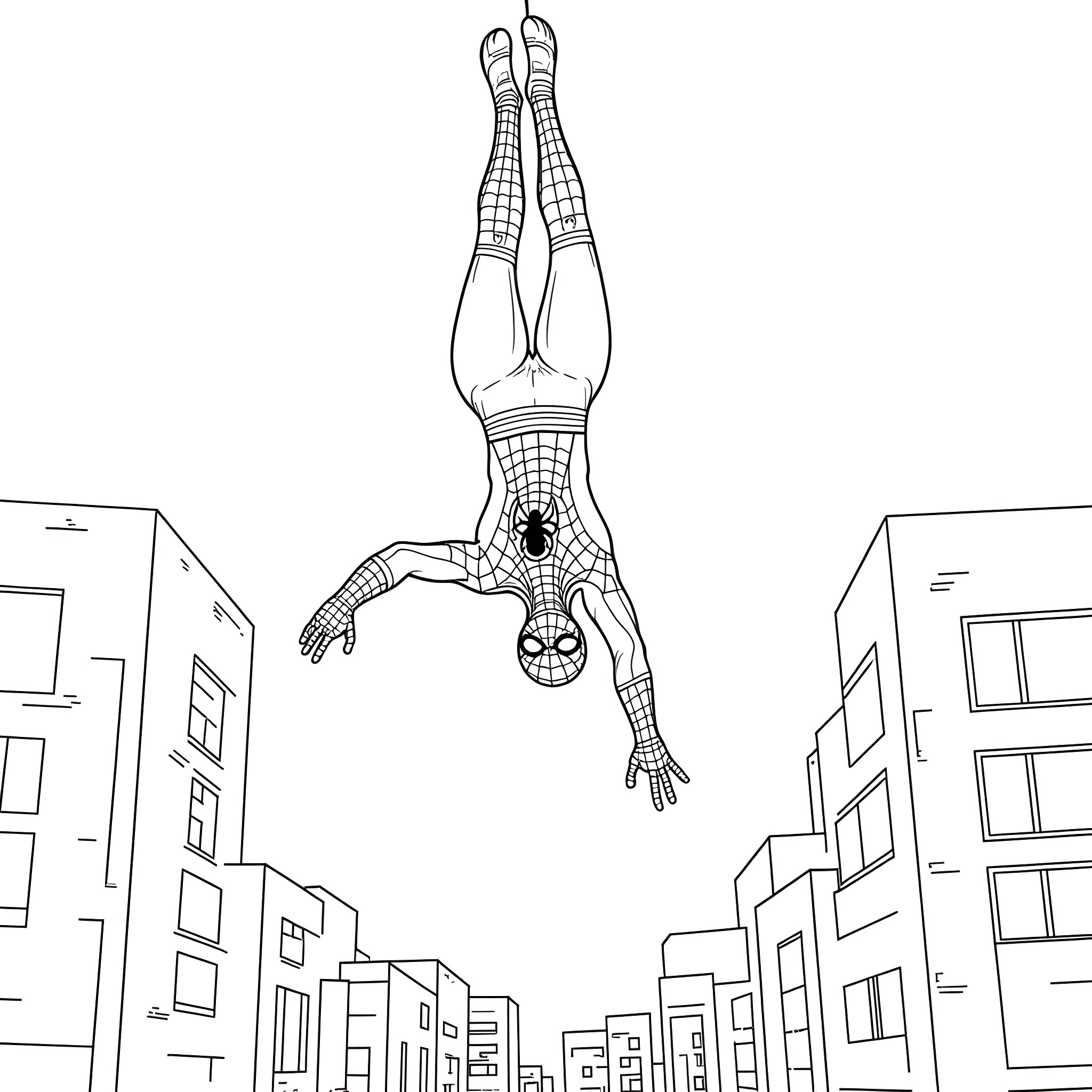 Spiderman swinging through the city skyline Coloring Page (free black-and-white line drawing printable PDF for all, from beginners to advanced learners, including children, teens, adults, and seniors)