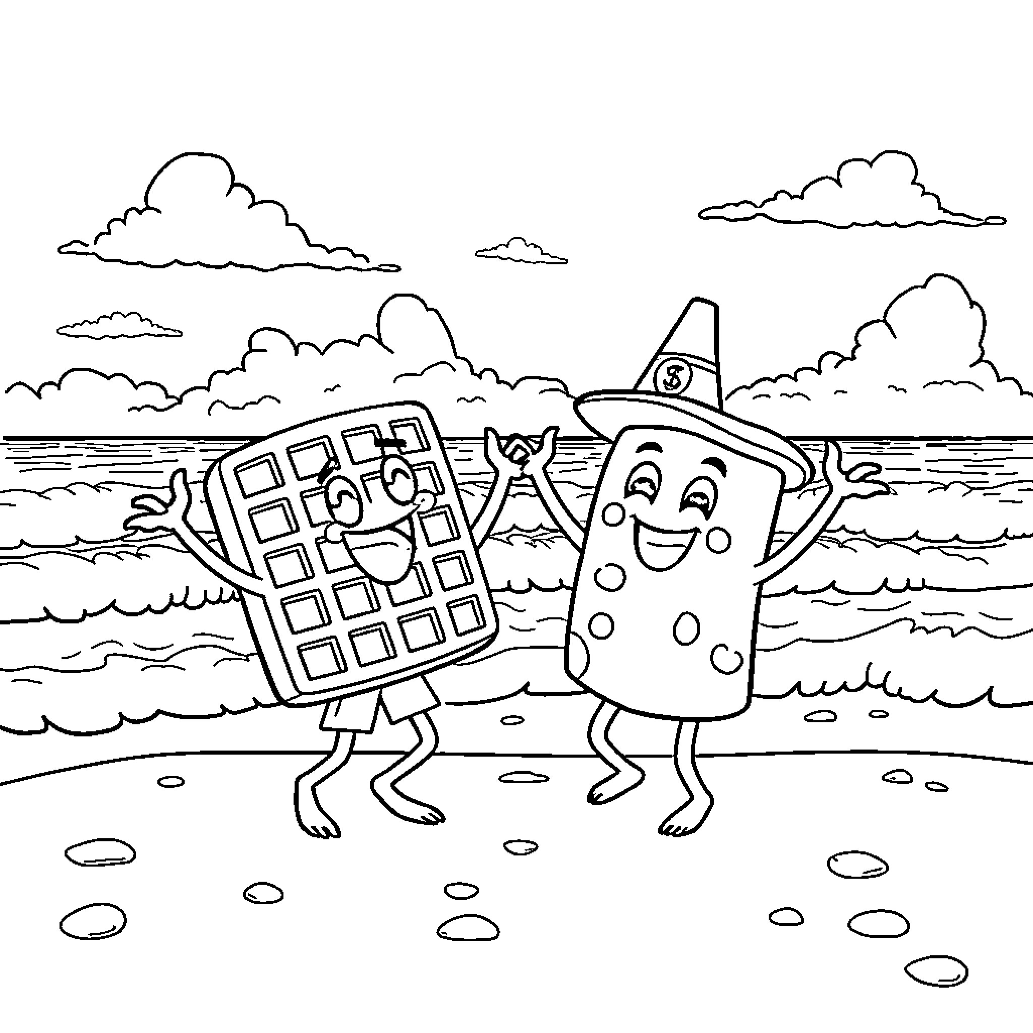 Waffle characters playing on the beach Coloring Page (free black-and-white line drawing printable PDF for all, from beginners to advanced learners, including children, teens, adults, and seniors)