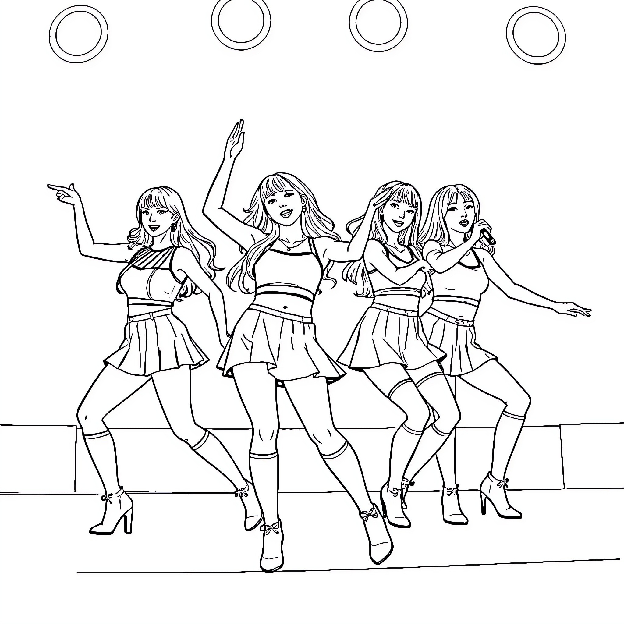 Twice members dancing in coordinated outfits Coloring Page (free black-and-white line drawing printable PDF for all, from beginners to advanced learners, including children, teens, adults, and seniors)