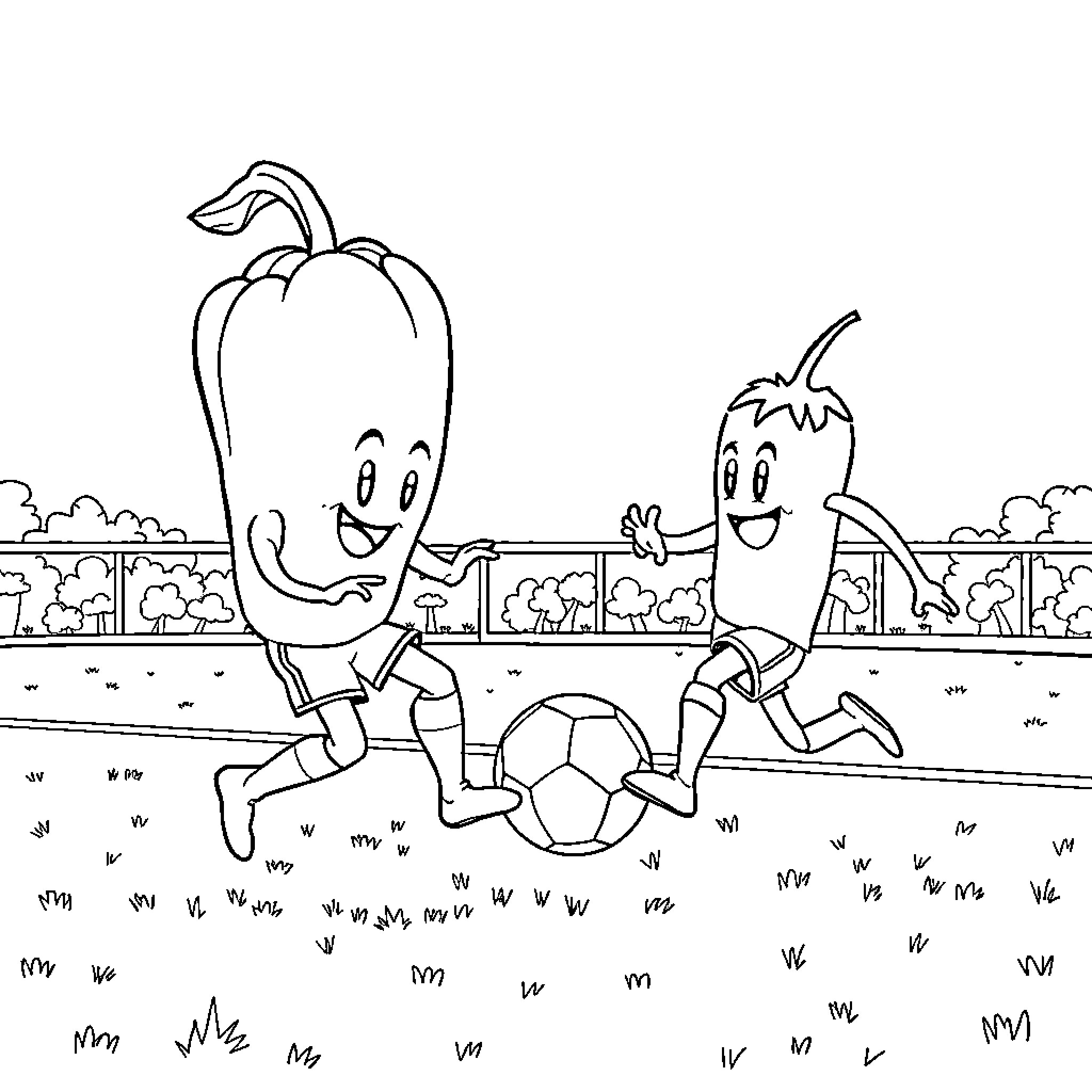 Vegetable friends playing soccer on field Coloring Page (free black-and-white line drawing printable PDF for all, from beginners to advanced learners, including children, teens, adults, and seniors)