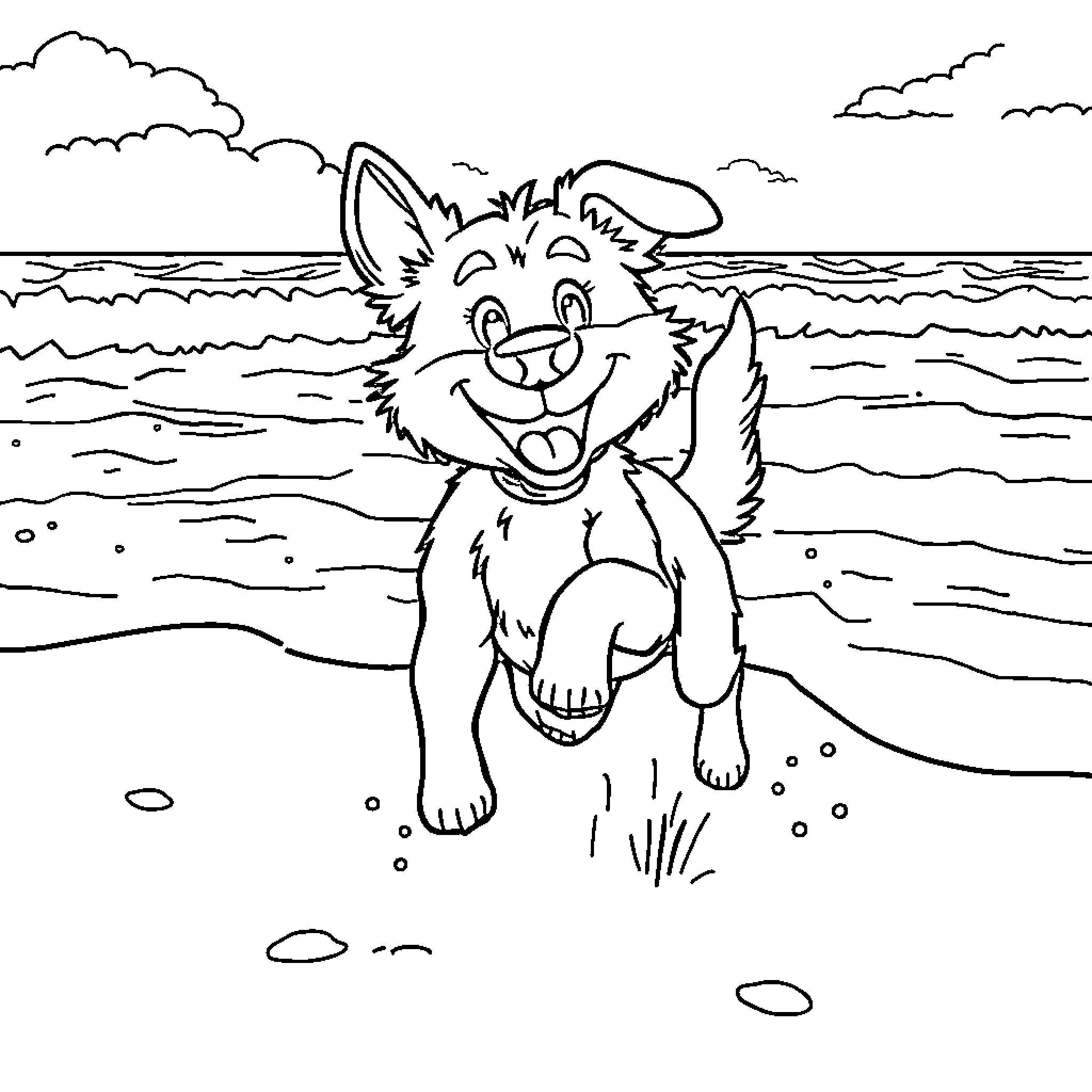 Dog playing happily on the beach Coloring Page (free black-and-white line drawing printable PDF for all, from beginners to advanced learners, including children, teens, adults, and seniors)