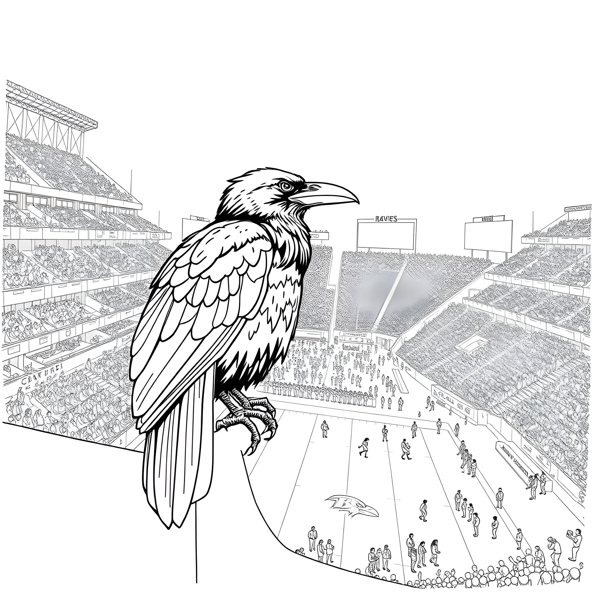 Raven observing a lively sports event in a stadium Coloring Page (free black-and-white line drawing printable PDF for all, from beginners to advanced learners, including children, teens, adults, and seniors)