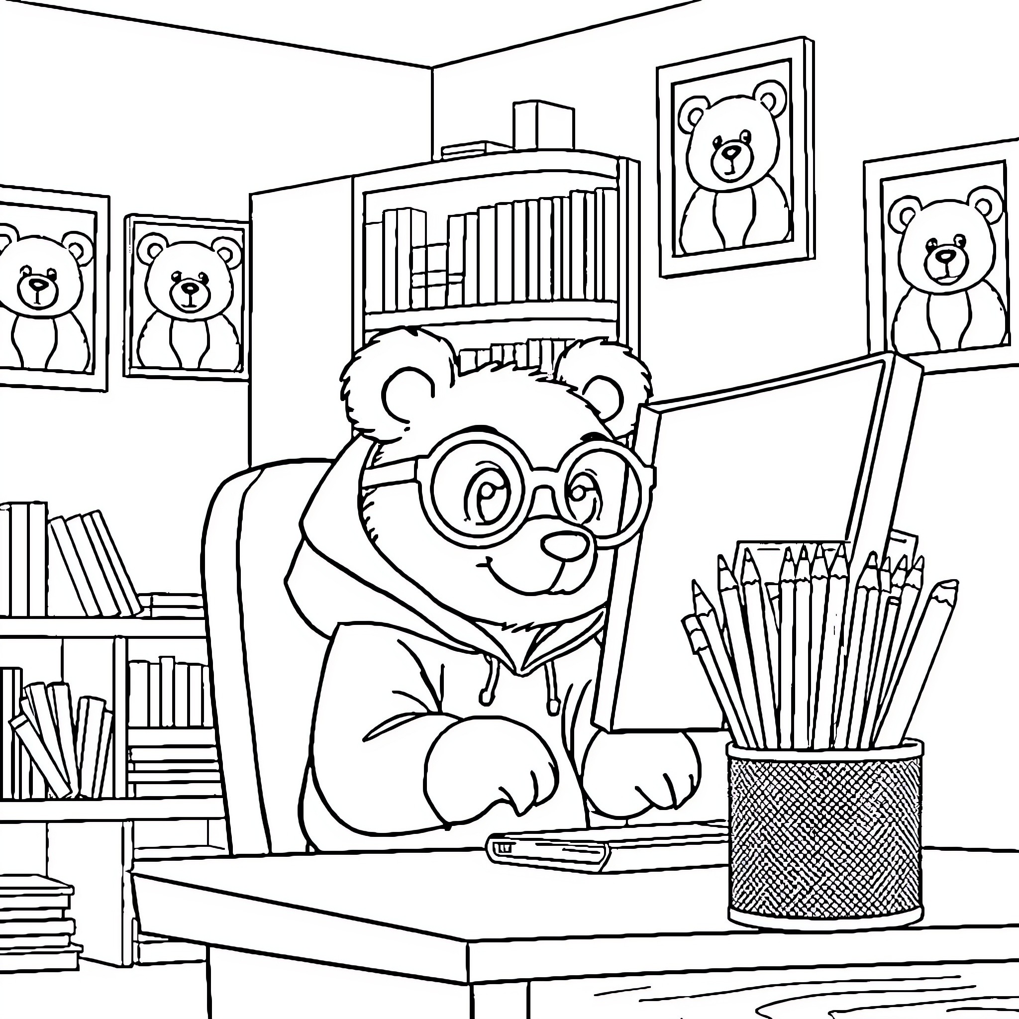 Bear working diligently at his desk Coloring Page (free black-and-white line drawing printable PDF for all, from beginners to advanced learners, including children, teens, adults, and seniors)