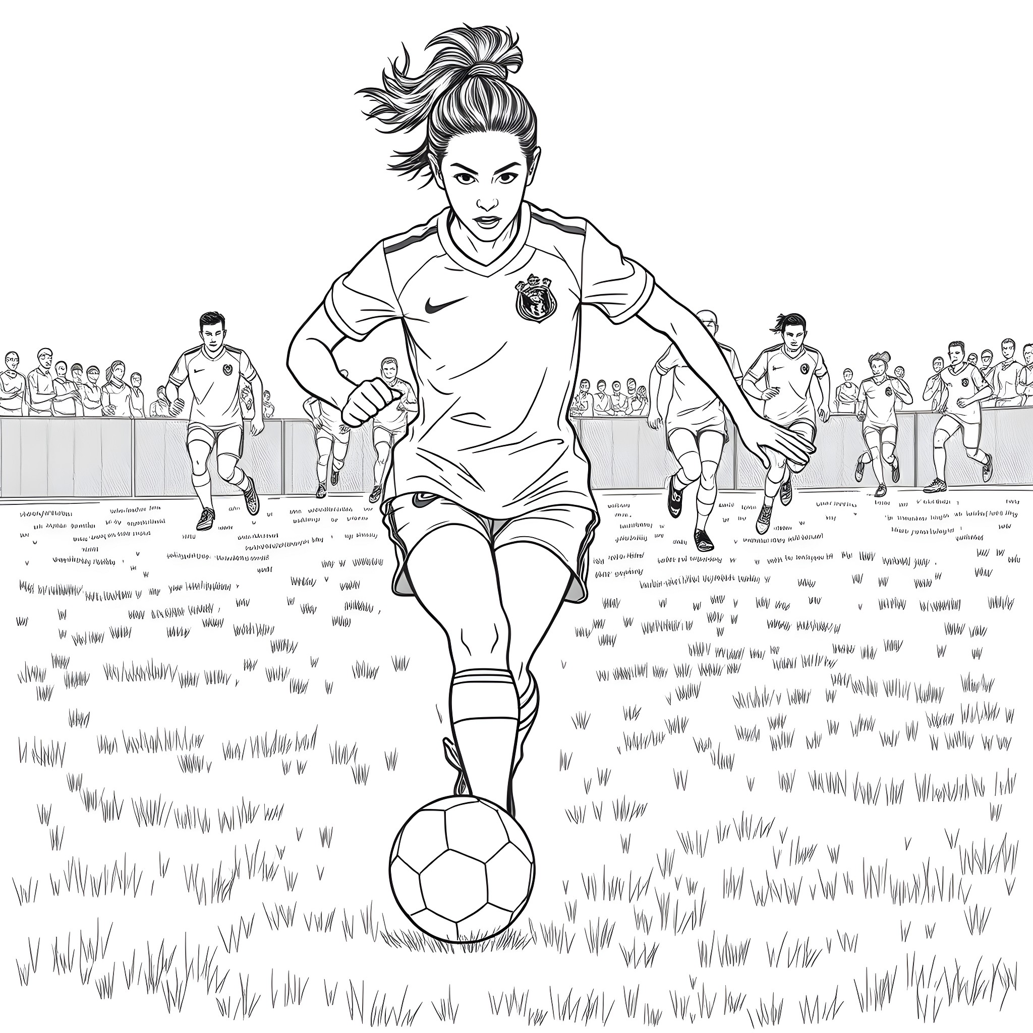 Lucy Bronze playing soccer on the field Coloring Page (free black-and-white line drawing printable PDF for all, from beginners to advanced learners, including children, teens, adults, and seniors)