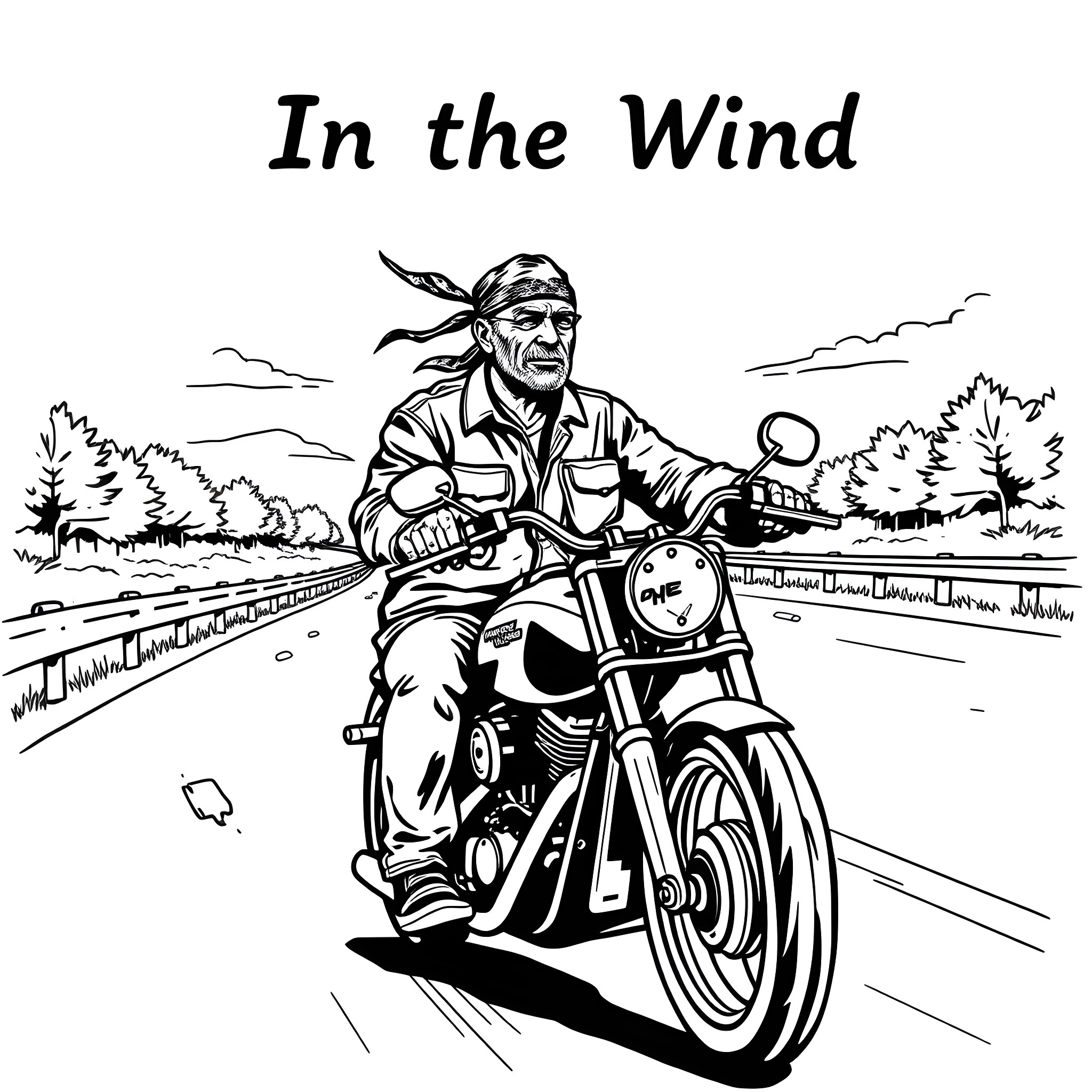 Biker riding motorcycle on open road Coloring Page (free black-and-white line drawing printable PDF for all, from beginners to advanced learners, including children, teens, adults, and seniors)