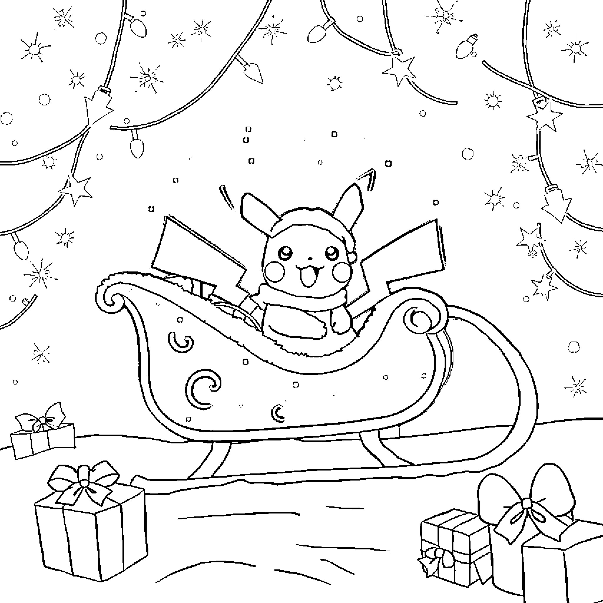 Pikachu riding a sleigh with gifts Coloring Page (free black-and-white line drawing printable PDF for all, from beginners to advanced learners, including children, teens, adults, and seniors)