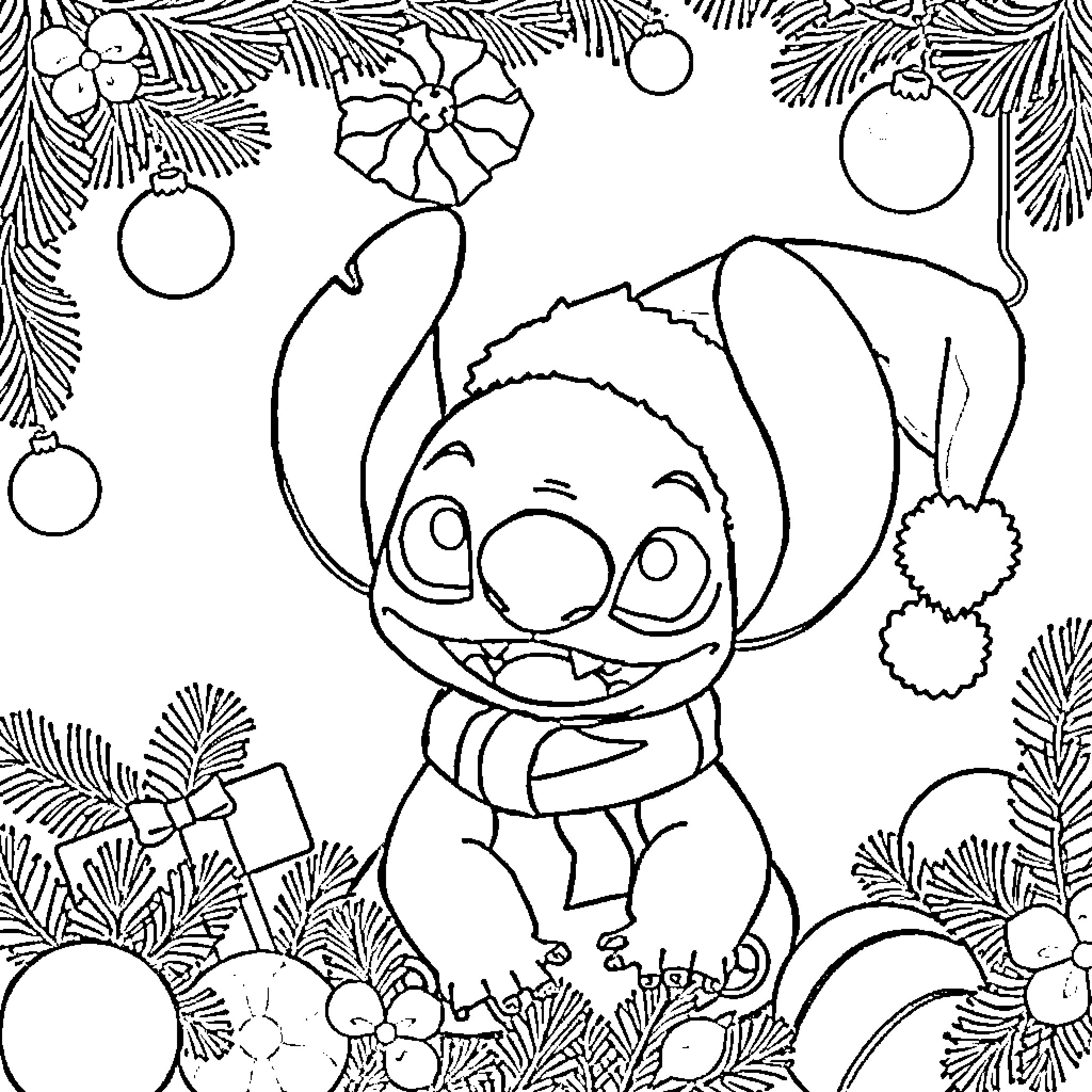 Stitch celebrates Christmas among festive decorations Coloring Page (free black-and-white line drawing printable PDF for all, from beginners to advanced learners, including children, teens, adults, and seniors)