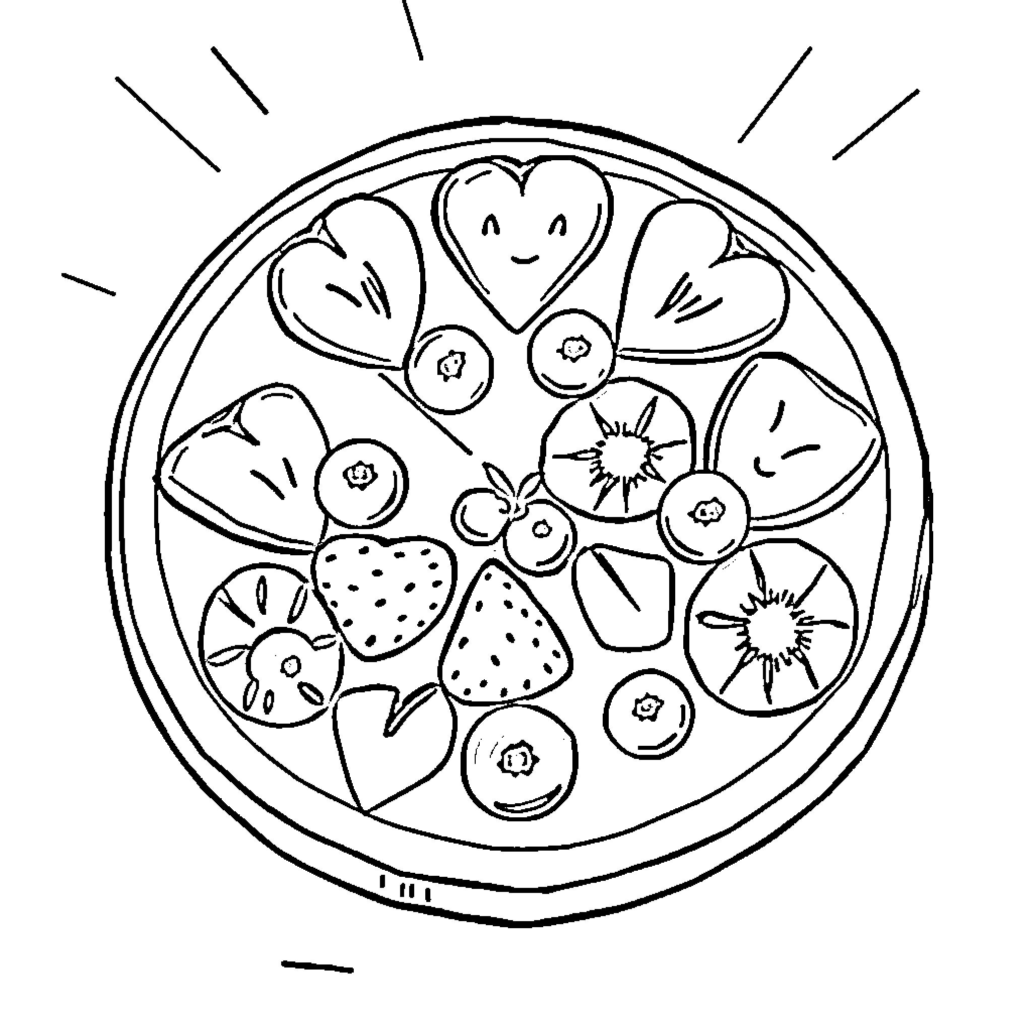 Watermelon and Fruit Slices in Circular Display Coloring Page (free black-and-white line drawing printable PDF for all, from beginners to advanced learners, including children, teens, adults, and seniors)