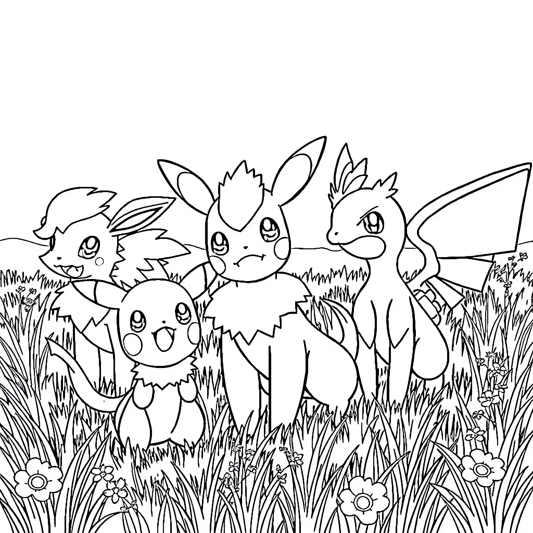 Pokémon characters playing in the grassy field Coloring Page (free black-and-white line drawing printable PDF for all, from beginners to advanced learners, including children, teens, adults, and seniors)