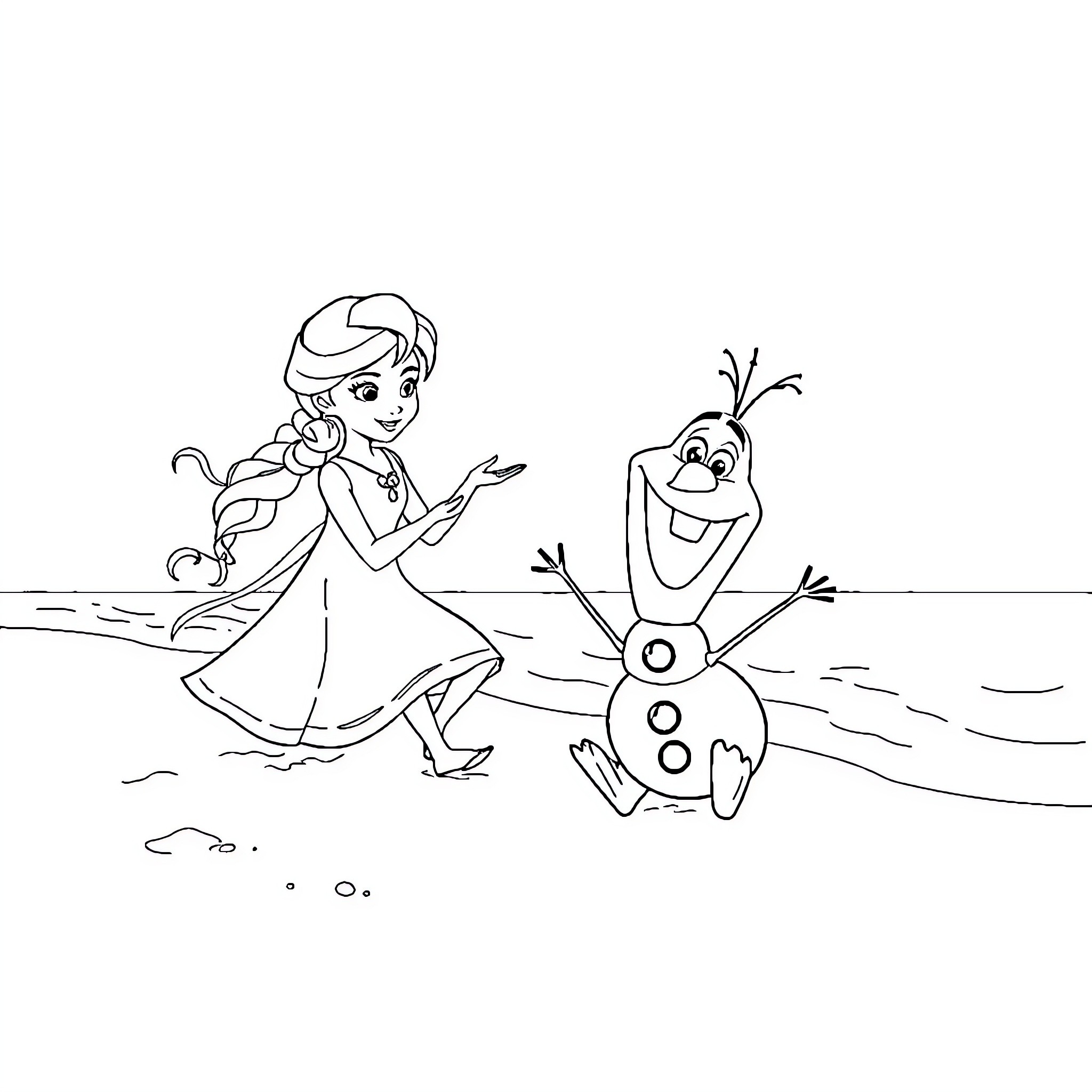 Elsa and Olaf enjoying a winter day Coloring Page (free black-and-white line drawing printable PDF for all, from beginners to advanced learners, including children, teens, adults, and seniors)