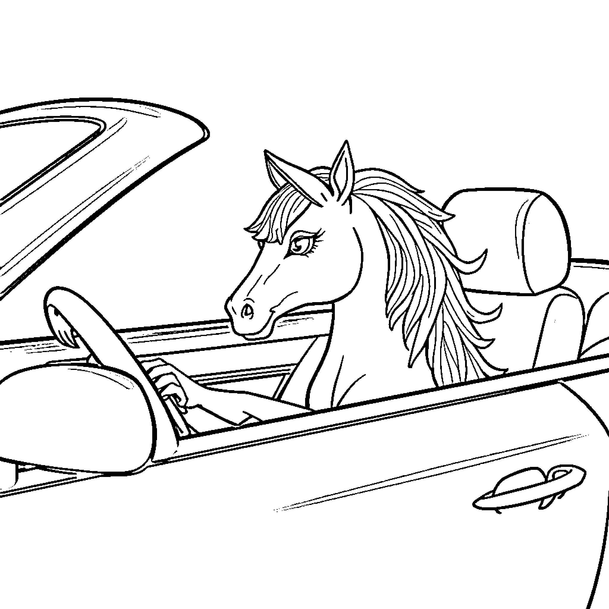 Unicorn riding in a race car Coloring Page (free black-and-white line drawing printable PDF for all, from beginners to advanced learners, including children, teens, adults, and seniors)