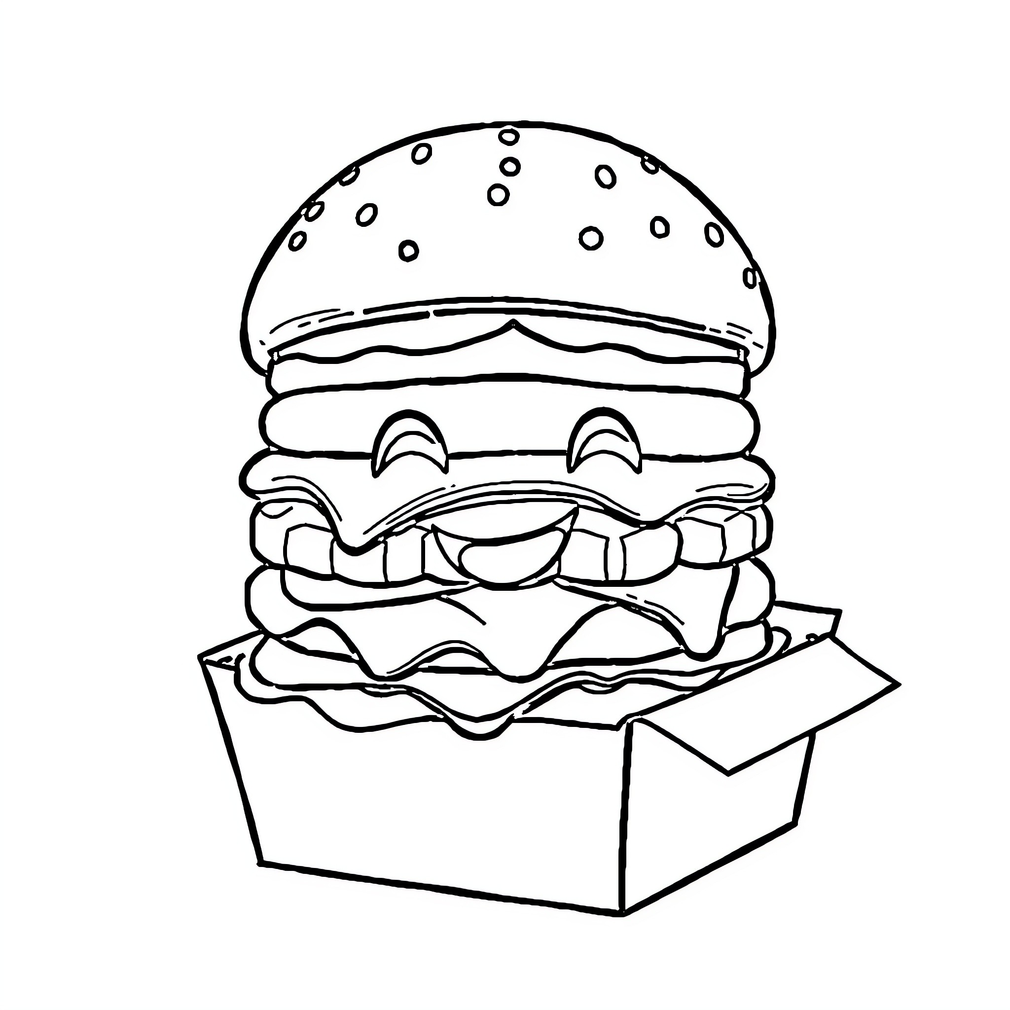 Burger in a takeout box Coloring Page (free black-and-white line drawing printable PDF for all, from beginners to advanced learners, including children, teens, adults, and seniors)