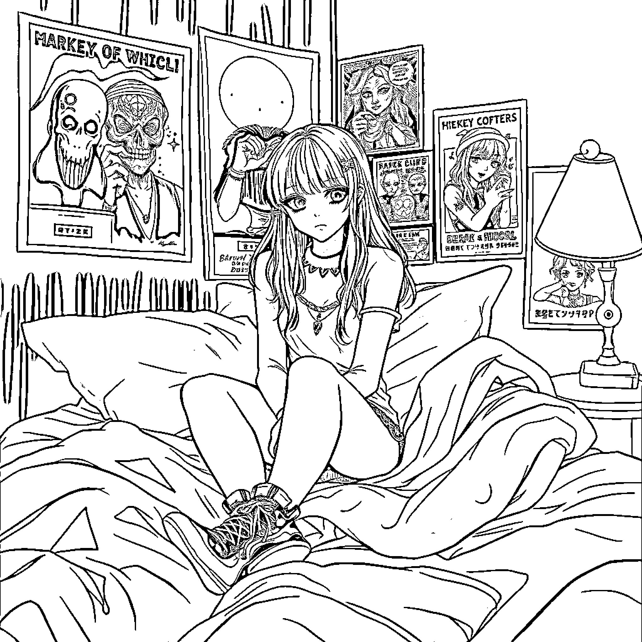Goth Girl Relaxing in Her Eclectic Room Coloring Page (free black-and-white line drawing printable PDF for all, from beginners to advanced learners, including children, teens, adults, and seniors)