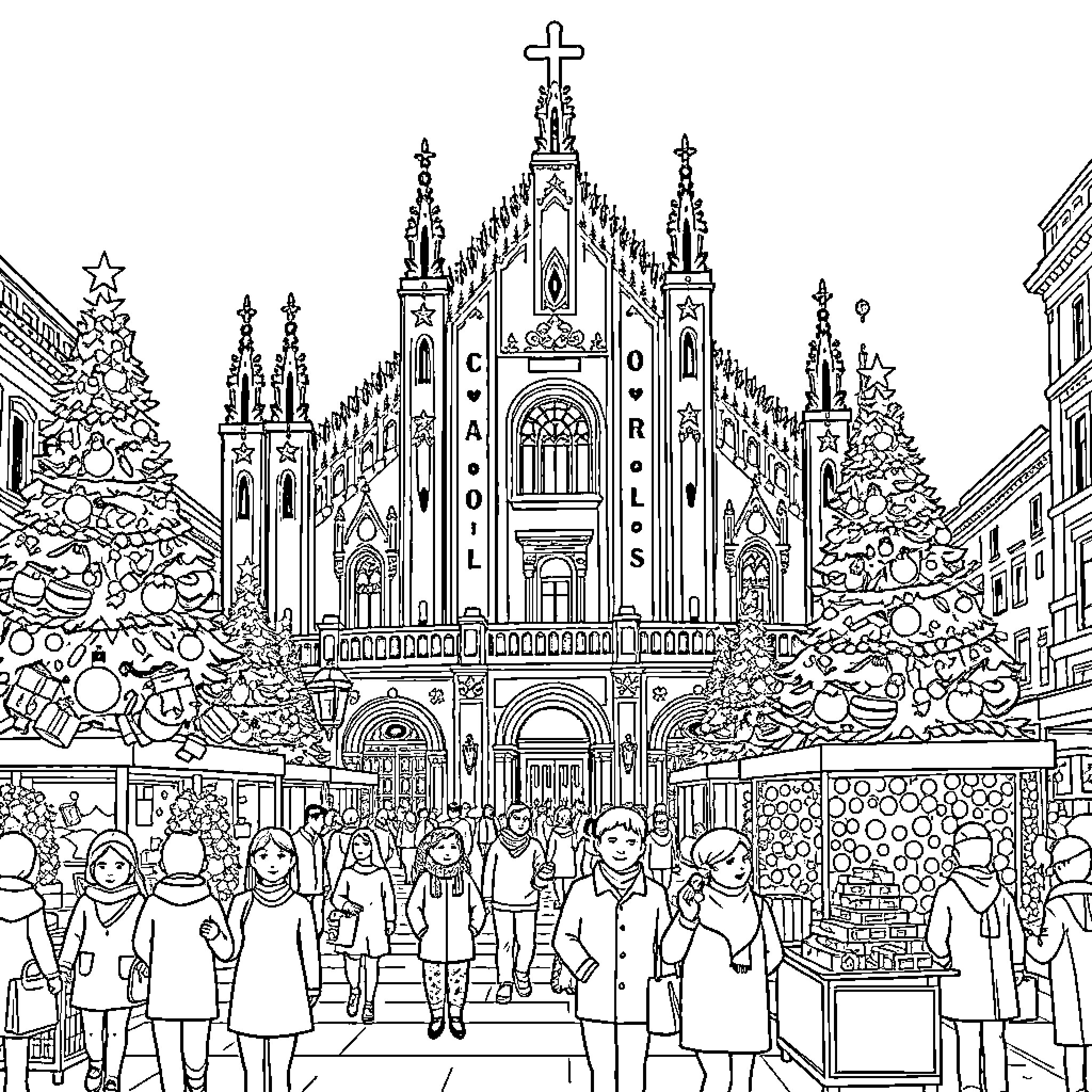Milan Cathedral scene with bustling crowd Coloring Page (free black-and-white line drawing printable PDF for all, from beginners to advanced learners, including children, teens, adults, and seniors)