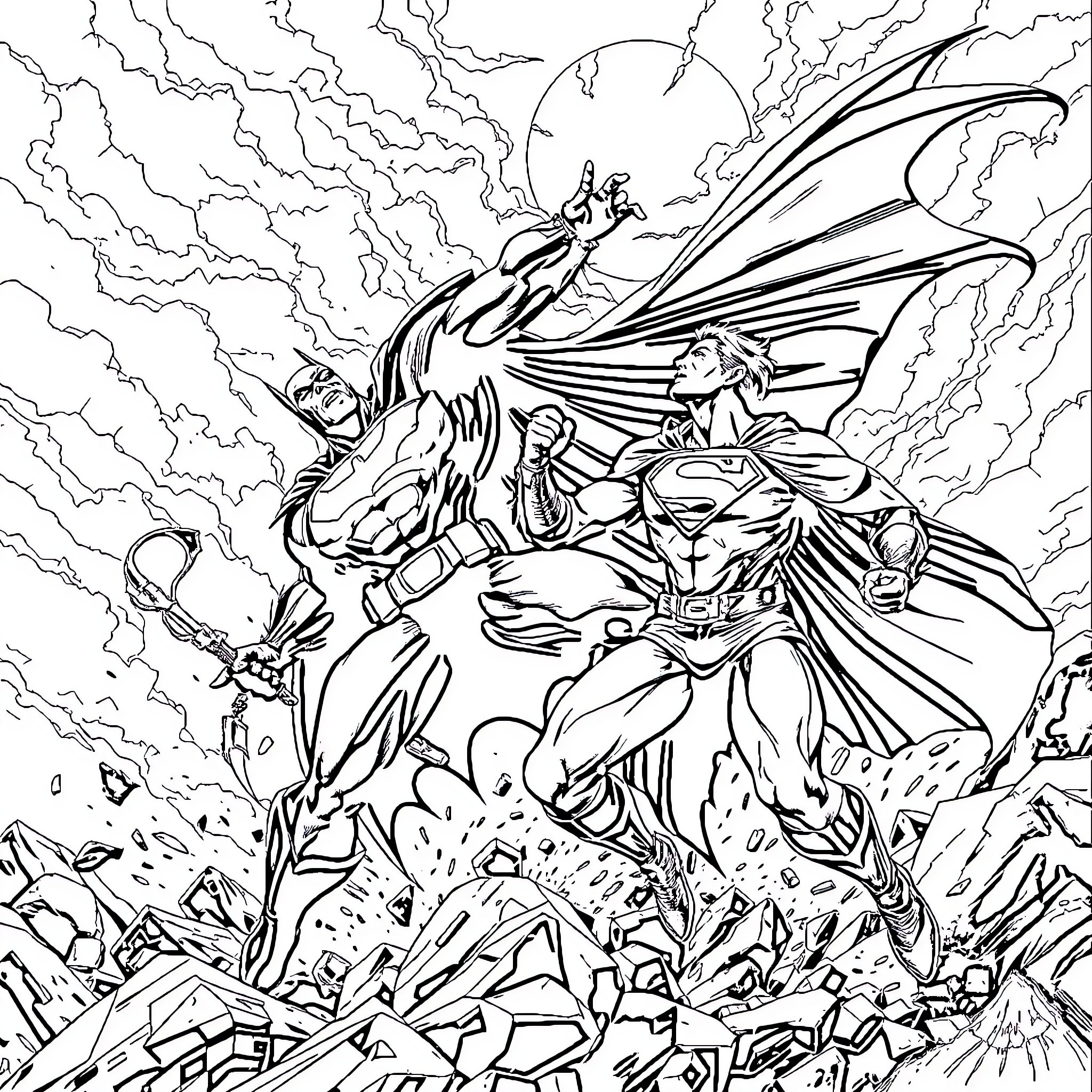 Batman and Superman battle in epic superhero clash Coloring Page (free black-and-white line drawing printable PDF for all, from beginners to advanced learners, including children, teens, adults, and seniors)