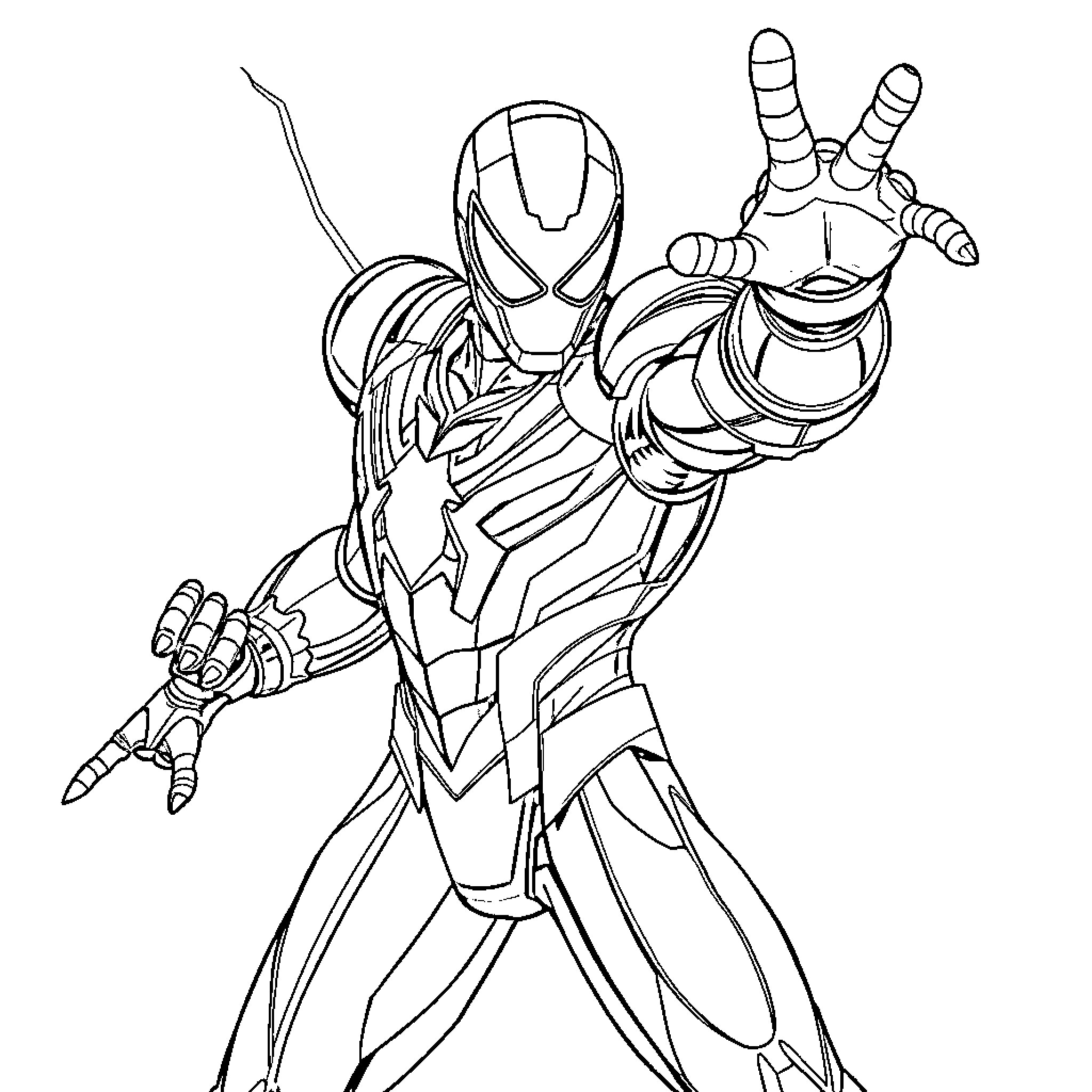 Iron Spider heroically posed for action Coloring Page (free black-and-white line drawing printable PDF for all, from beginners to advanced learners, including children, teens, adults, and seniors)