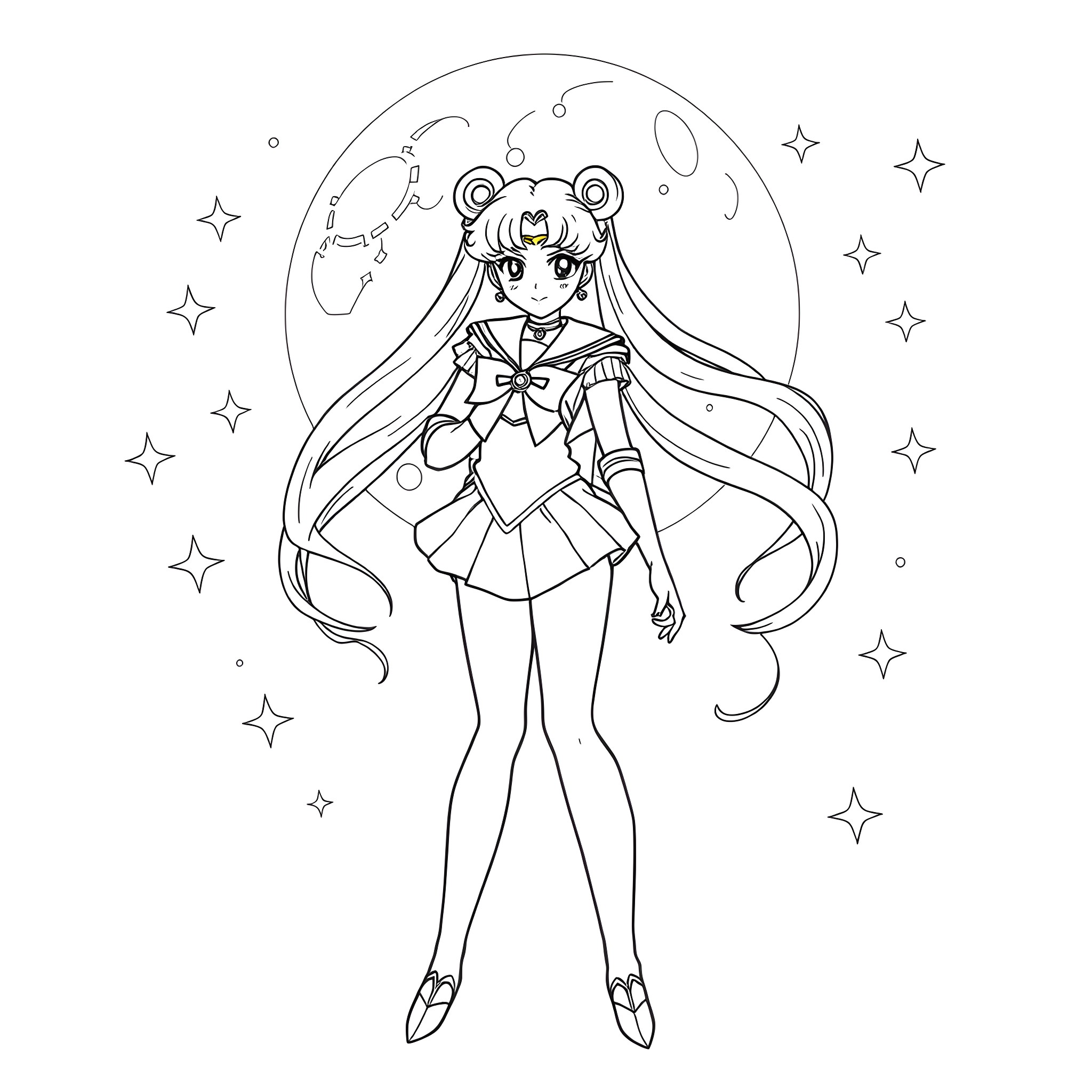 Sailor Moon in Heroic Pose Amidst Starry Backdrop Coloring Page (free black-and-white line drawing printable PDF for all, from beginners to advanced learners, including children, teens, adults, and seniors)