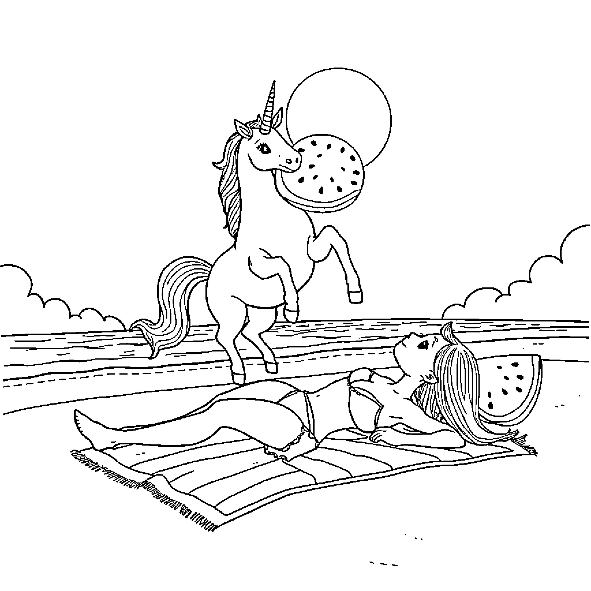 Unicorn enjoying a beach day with watermelon Coloring Page (free black-and-white line drawing printable PDF for all, from beginners to advanced learners, including children, teens, adults, and seniors)