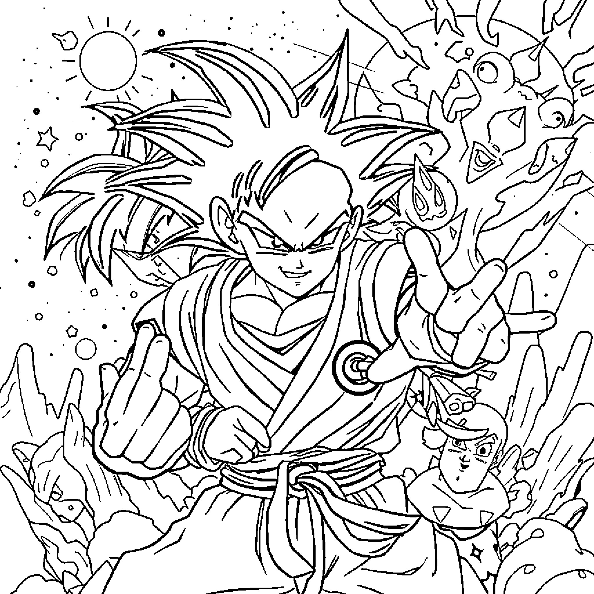 Dragon Ball Z: Warrior's Intense Battle in Cosmic Realm Coloring Page (free black-and-white line drawing printable PDF for all, from beginners to advanced learners, including children, teens, adults, and seniors)
